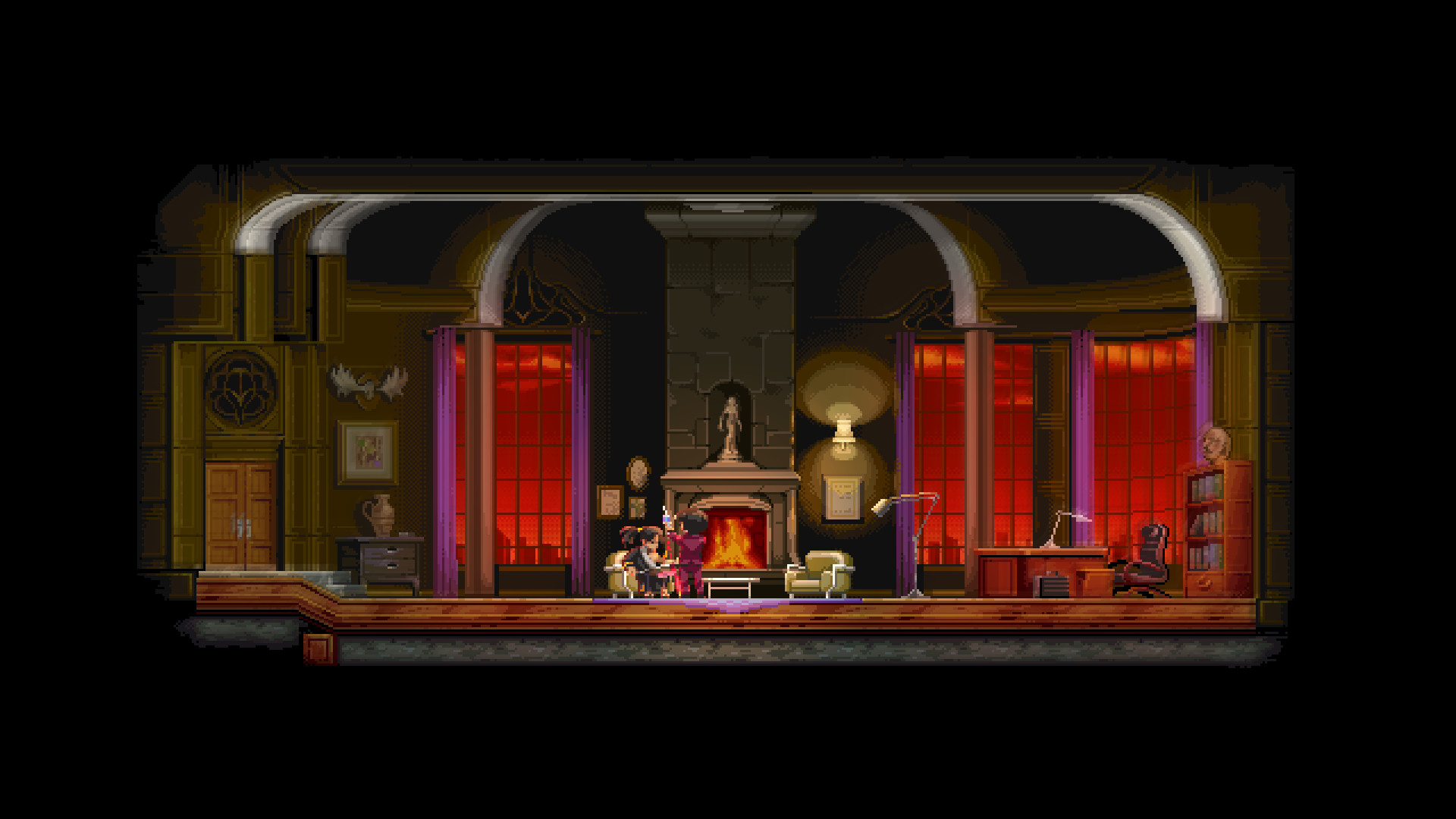 A side-on view of a room with red curtains and figures inside.