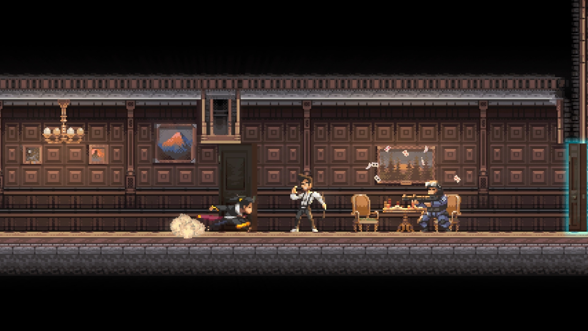 The protagonist attacks an armed opponent on a stage-like street.