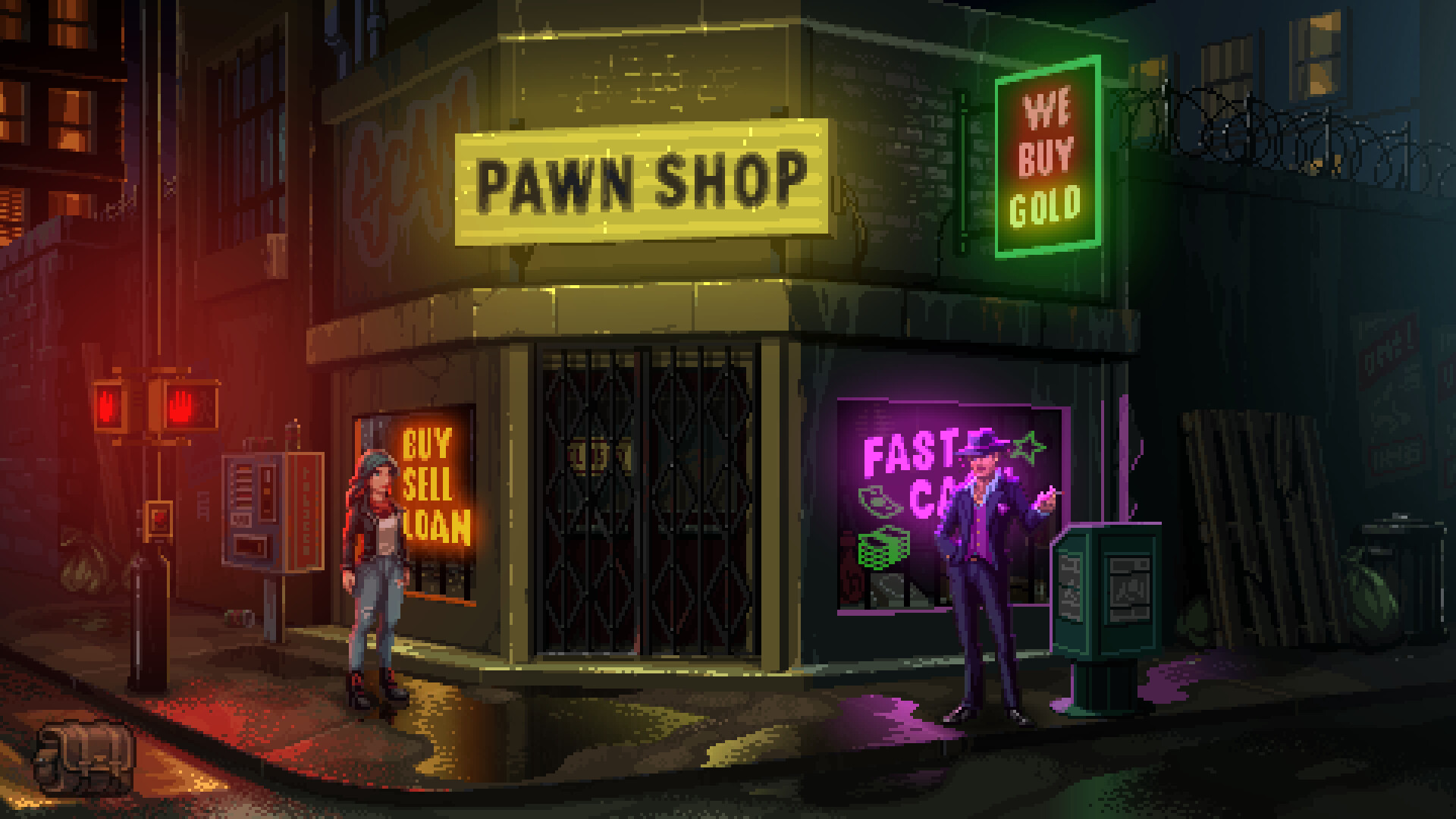 Kathy examines a cluttered pawn shop.