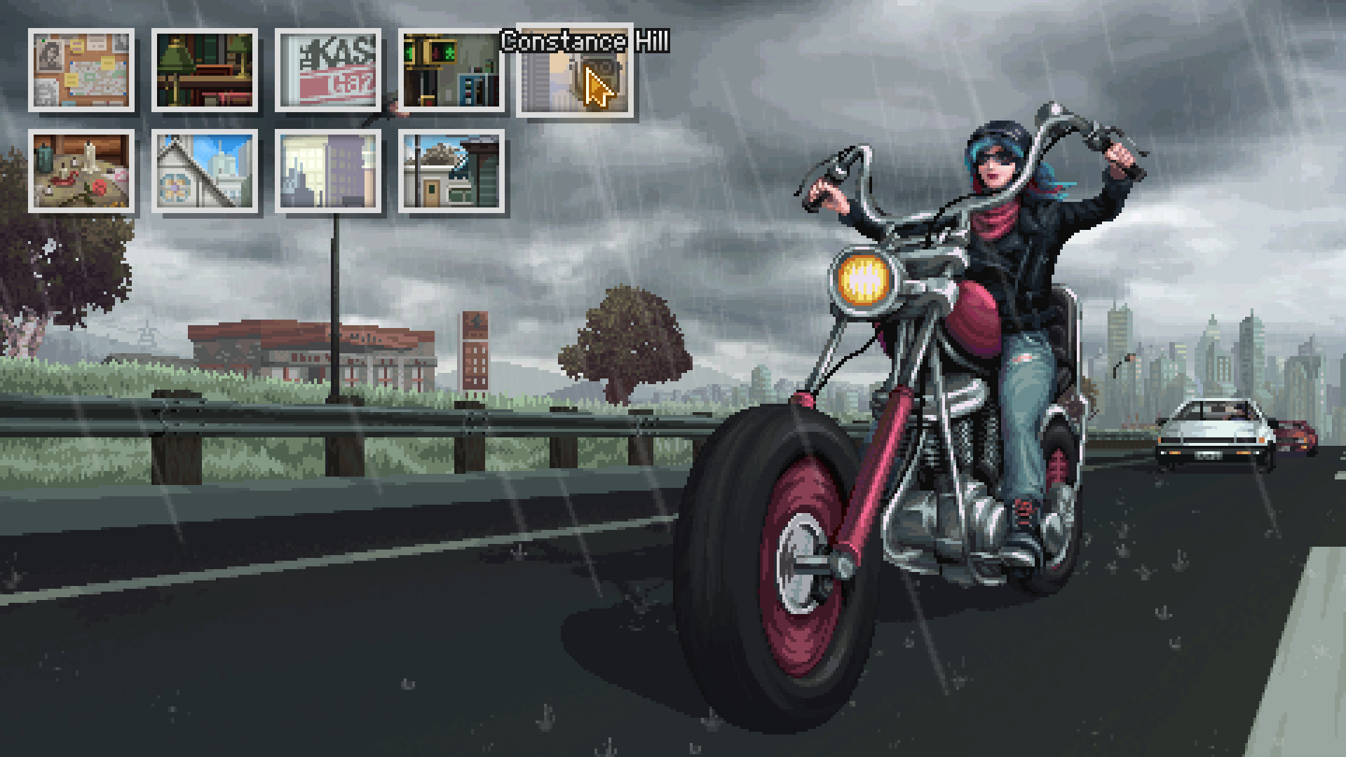 Kathy rides her motorcycle along a dark roadside.