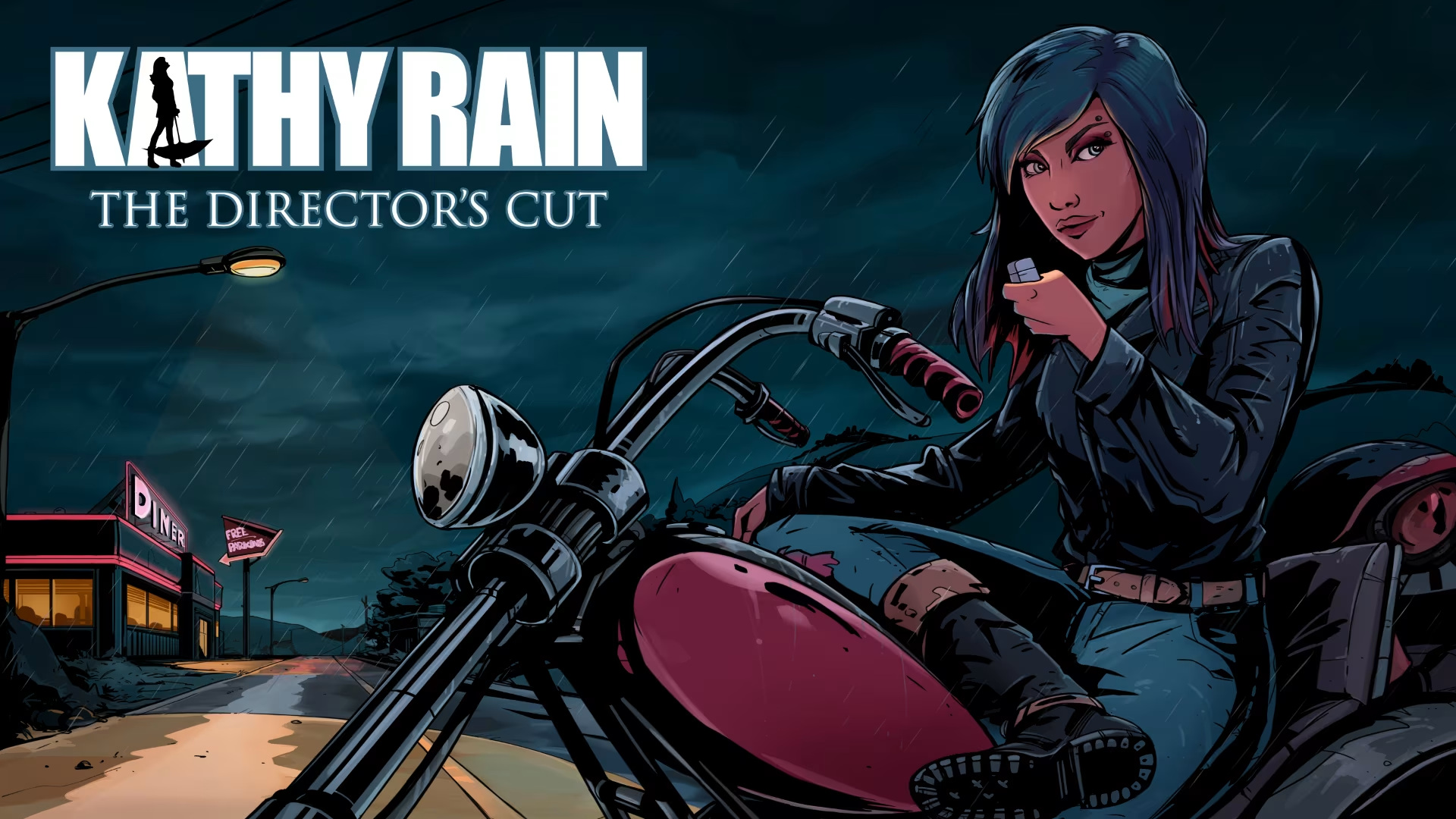 Kathy Rain: Director’s Cut title beside Kathy on a motorcycle in the rain.