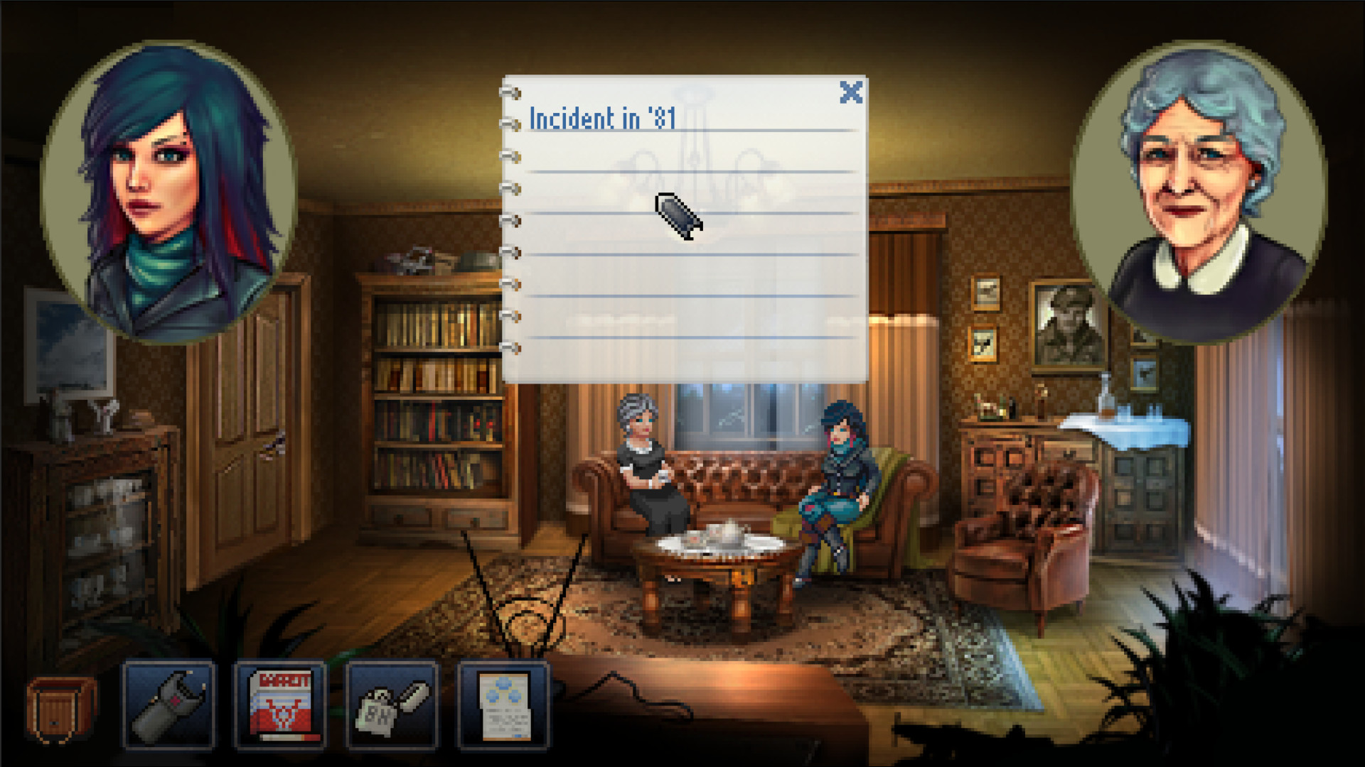 Kathy compares notes while questioning a woman in her sitting room.