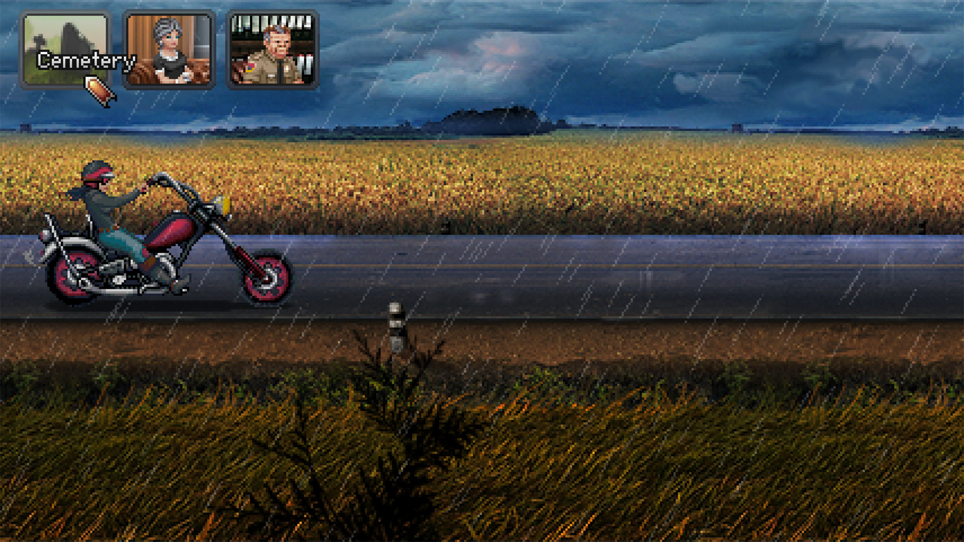 Kathy rides her motorcycle along a rural road in heavy rain.