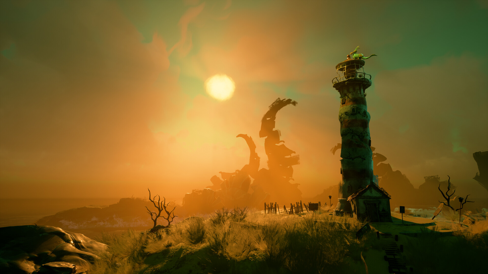 A lighthouse stands above a barren coastline beneath an orange sky.