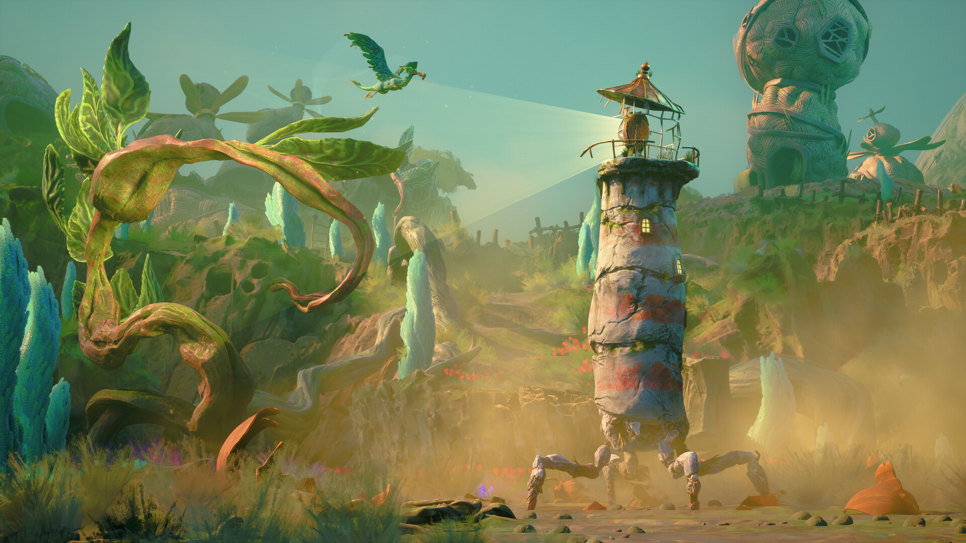 A walking lighthouse shines its beam across a colorful, overgrown landscape.