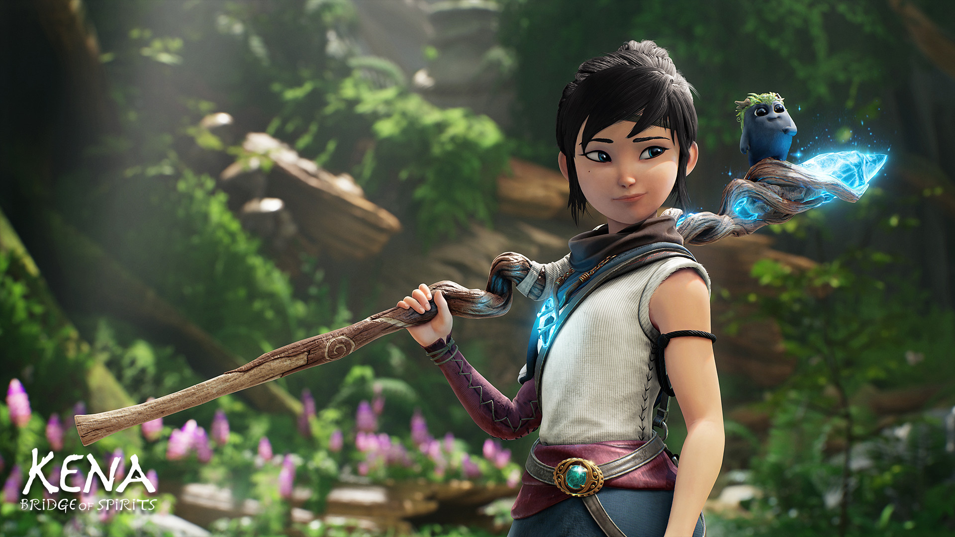 Kena stands in a forest with her staff and a Rot companion.