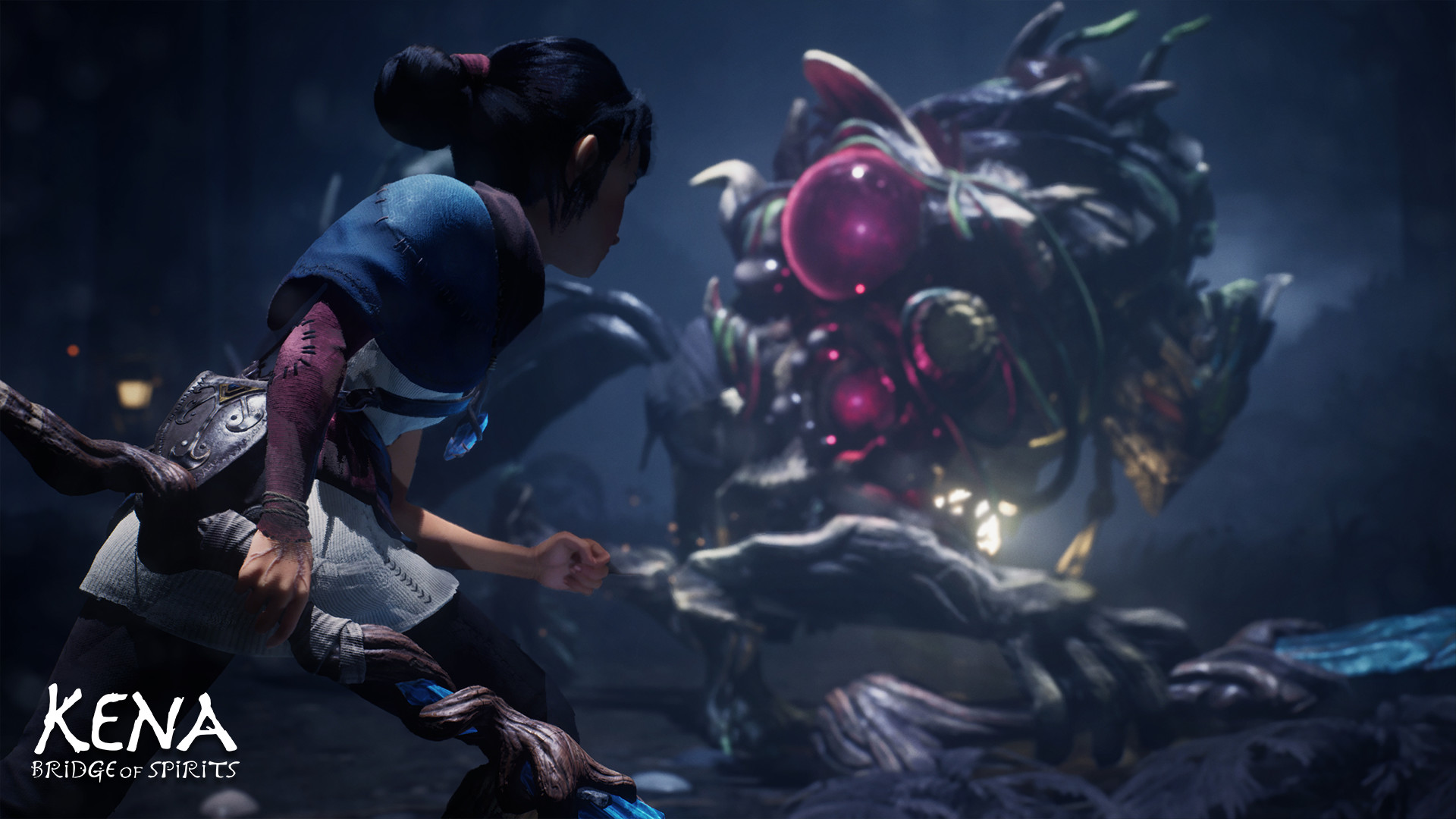 Kena confronts a glowing corrupted creature.