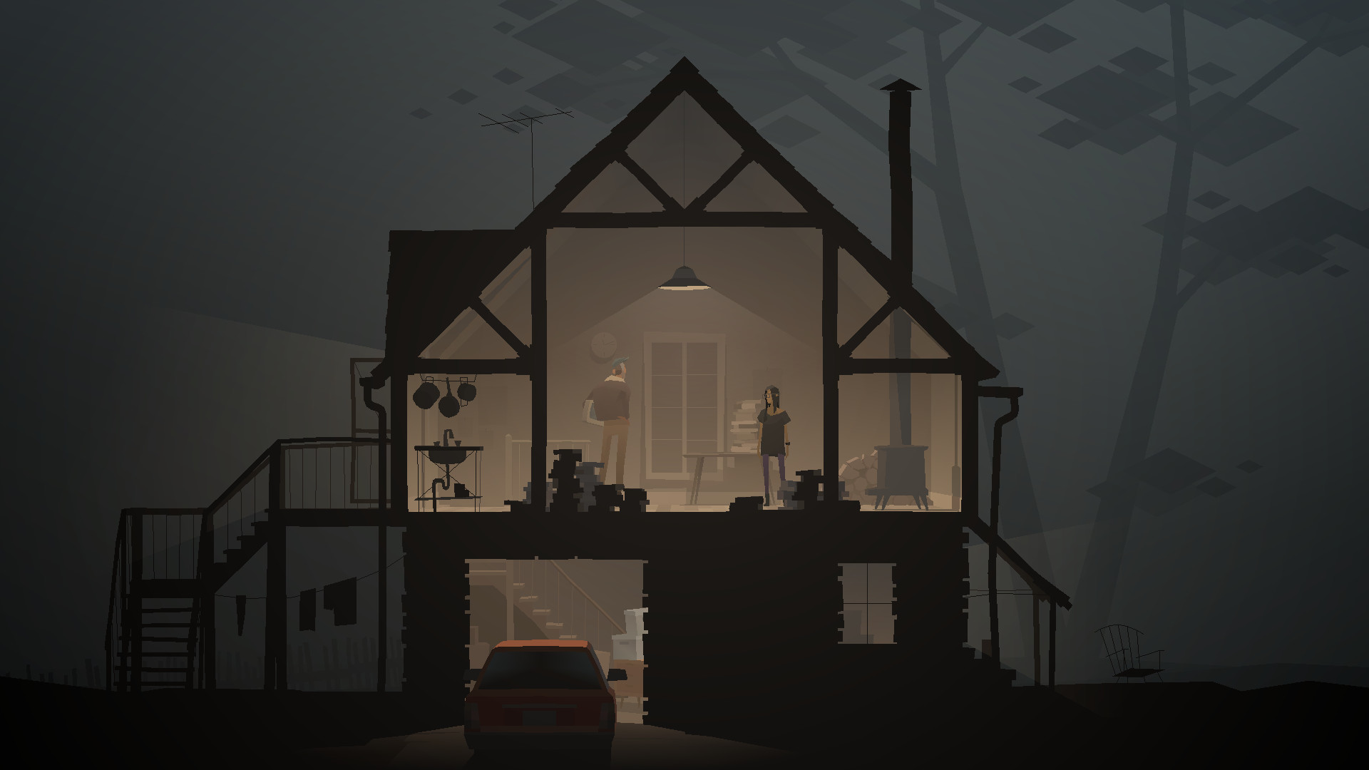 A cutaway view reveals people inside a house at night.