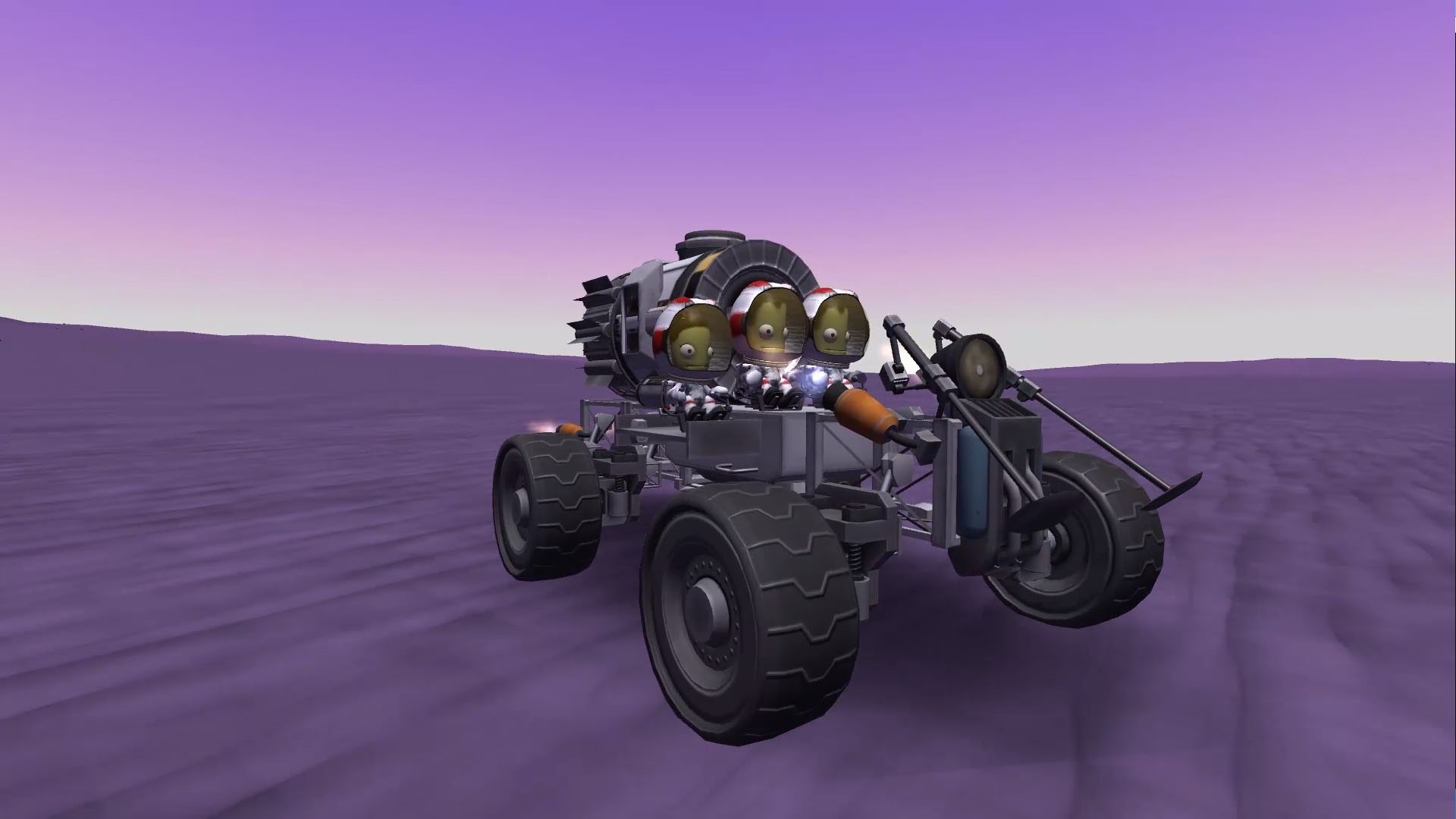 A custom rover travels across an alien surface.