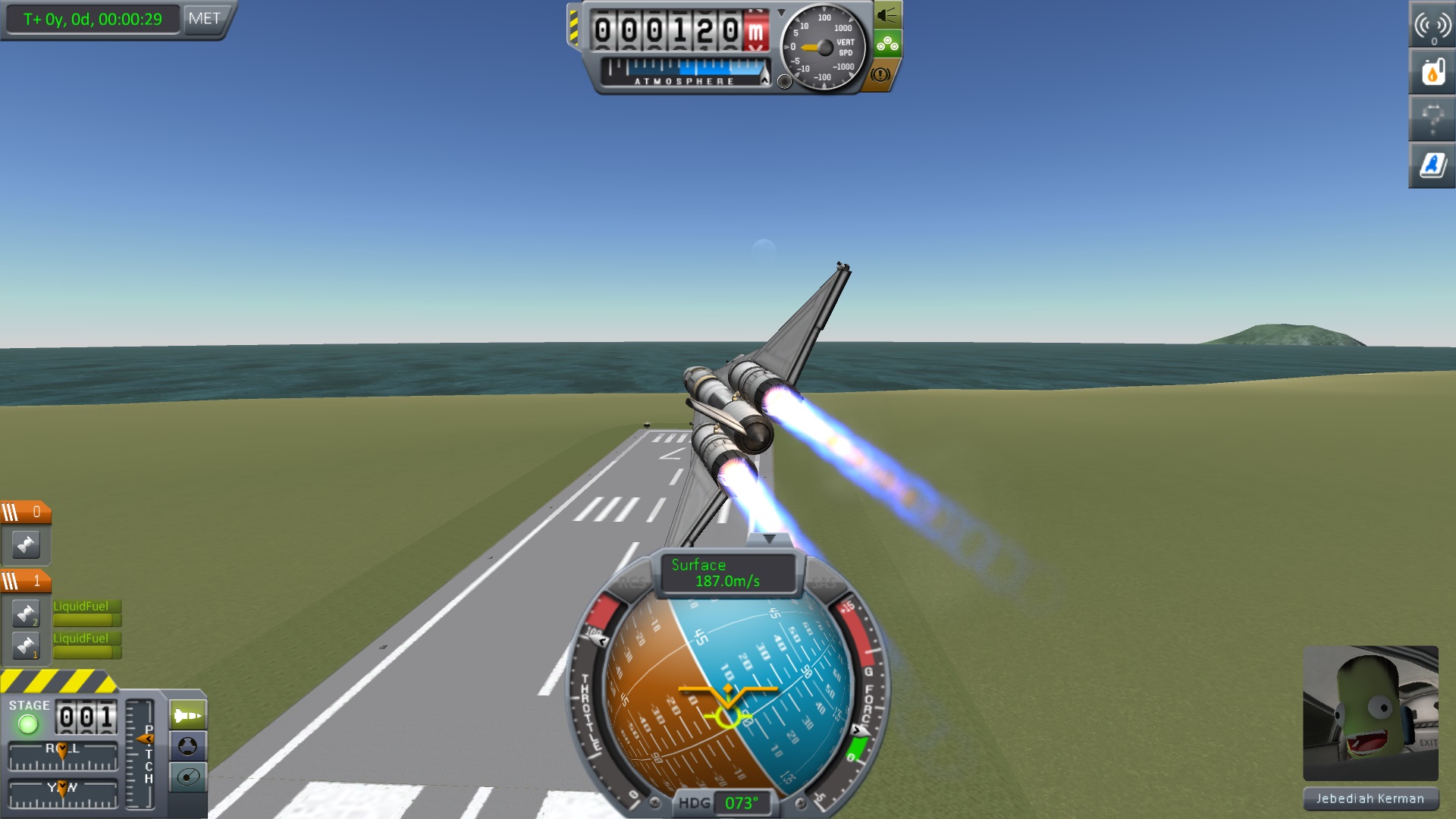 A small spaceplane lifts off from the runway.