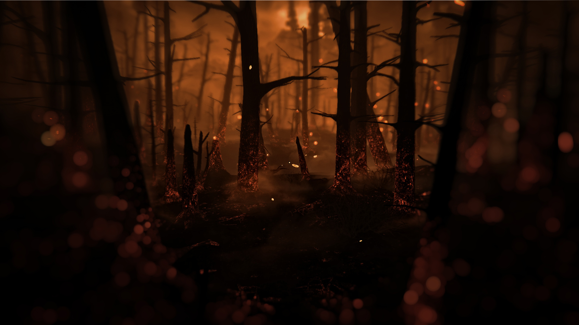 A figure stands among dark trees beneath an orange sky.