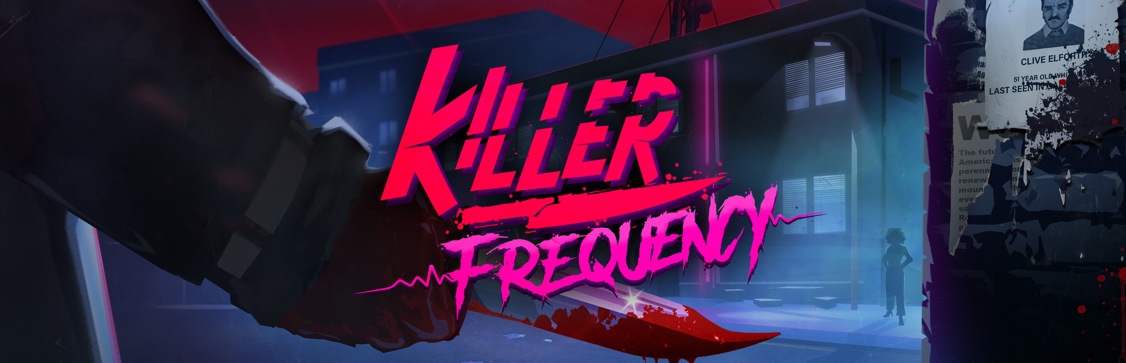 Official Steam library artwork sets the Killer Frequency title against a threatening nighttime street.