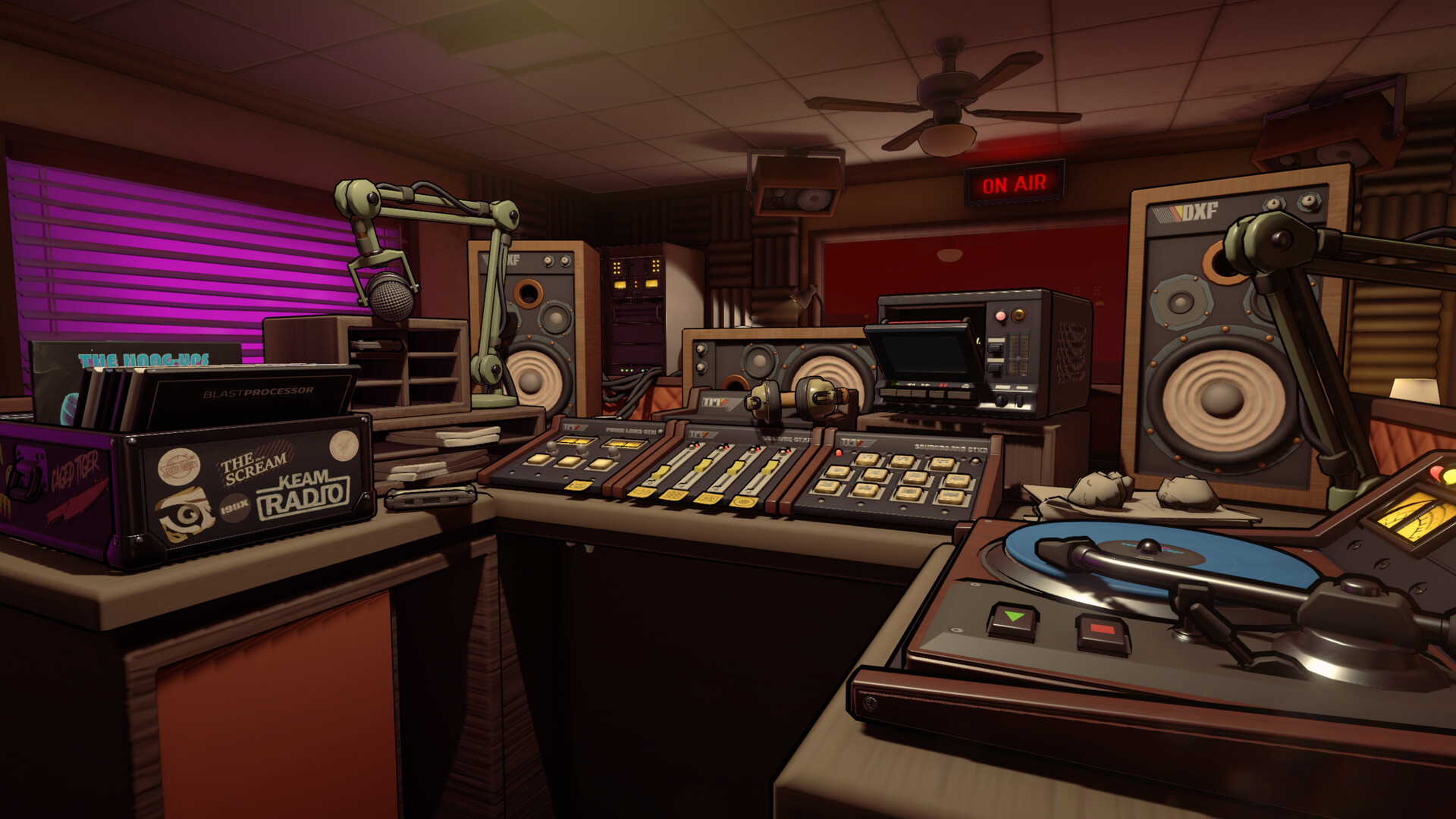 Microphones and a mixing desk fill the late-night radio studio.