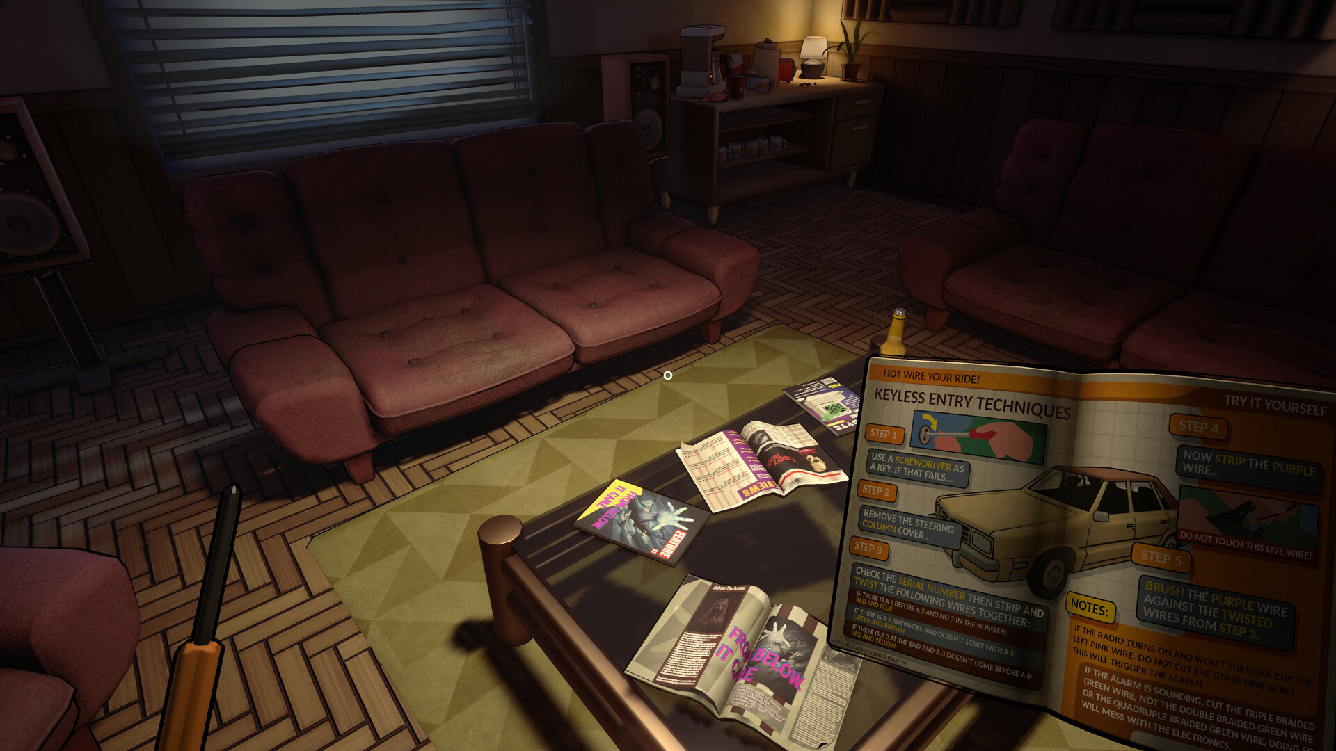 A lounge contains magazines, couches and a bulletin board.