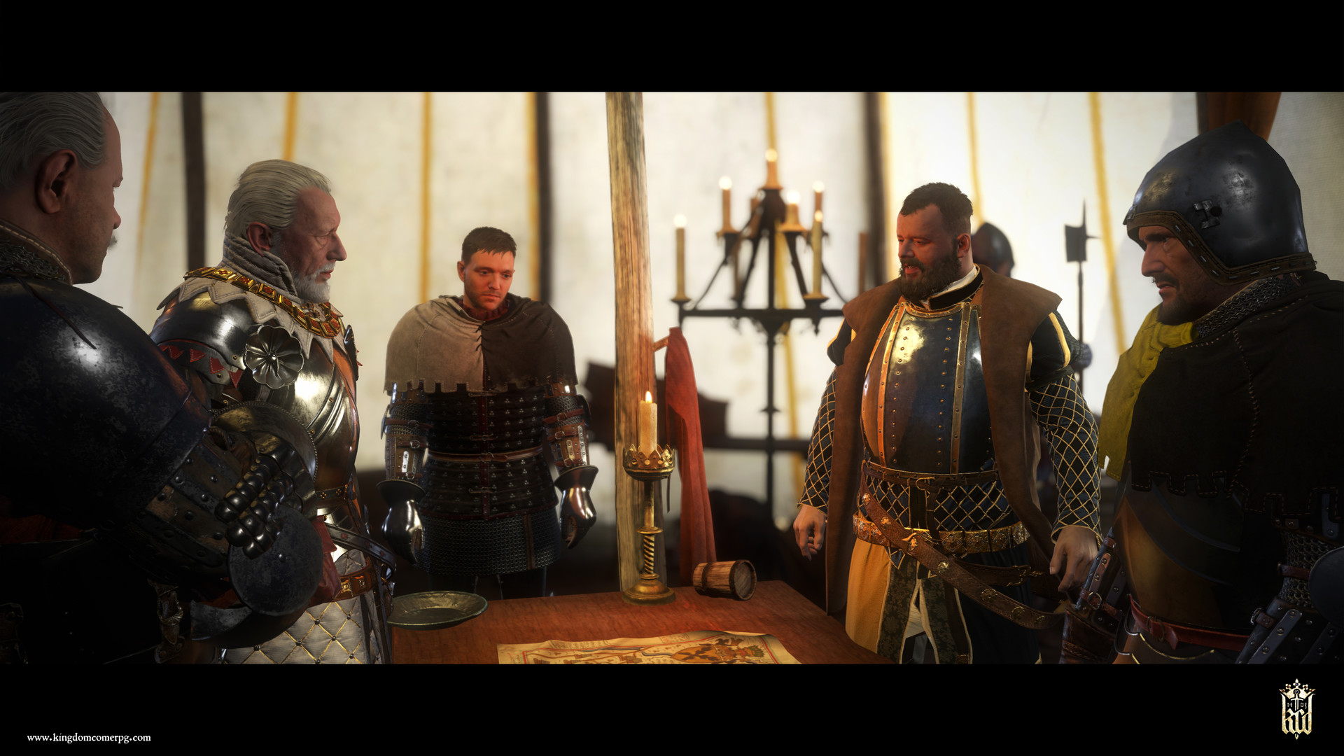 Nobles and armed men confer inside a medieval chamber.