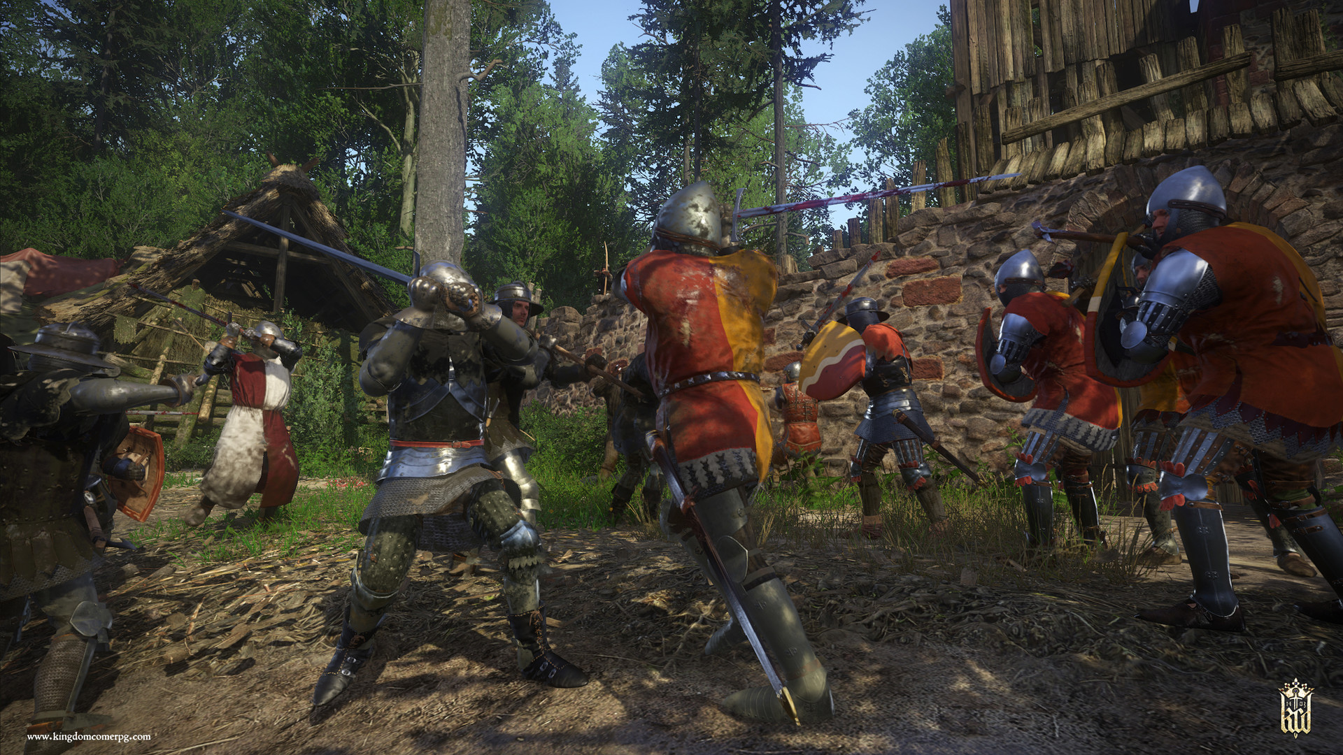 Armored fighters clash beside a wooden palisade.