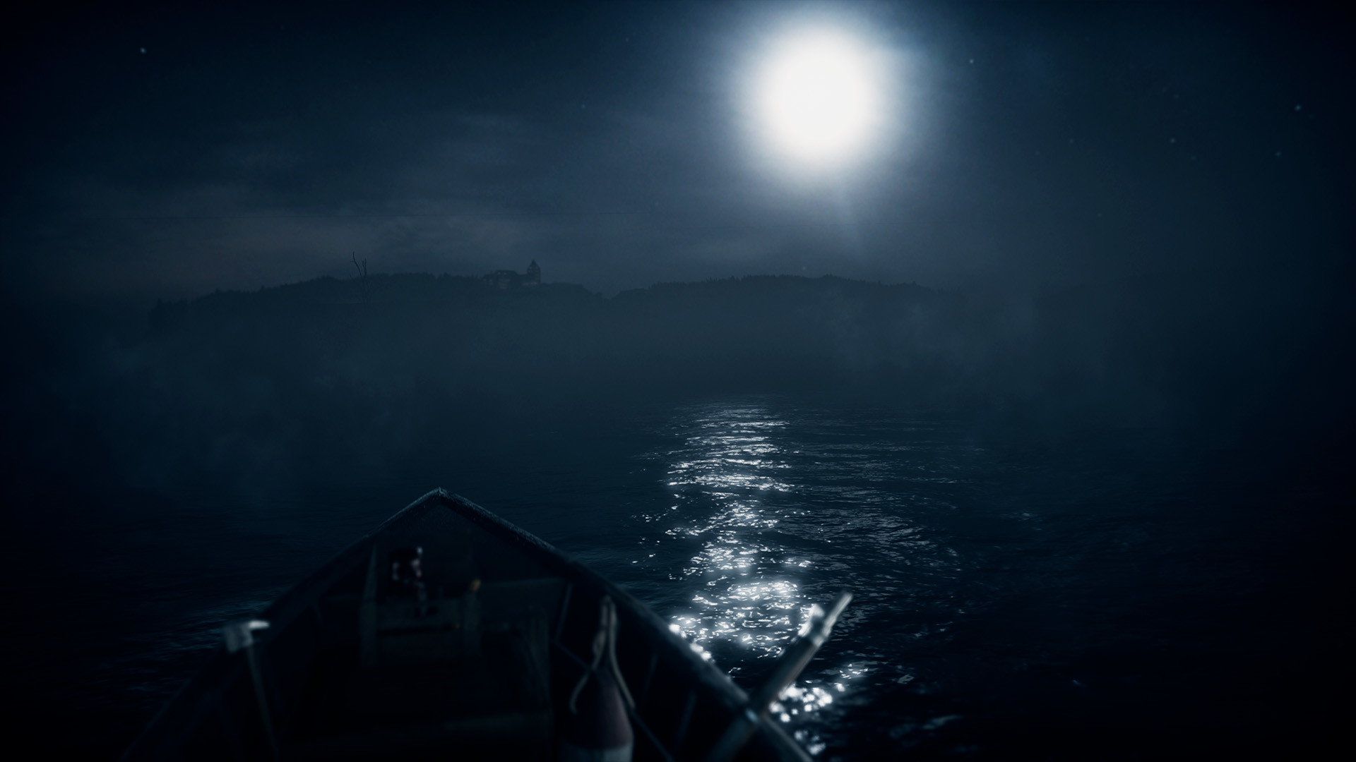 A boat crosses dark water beneath a bright moon.