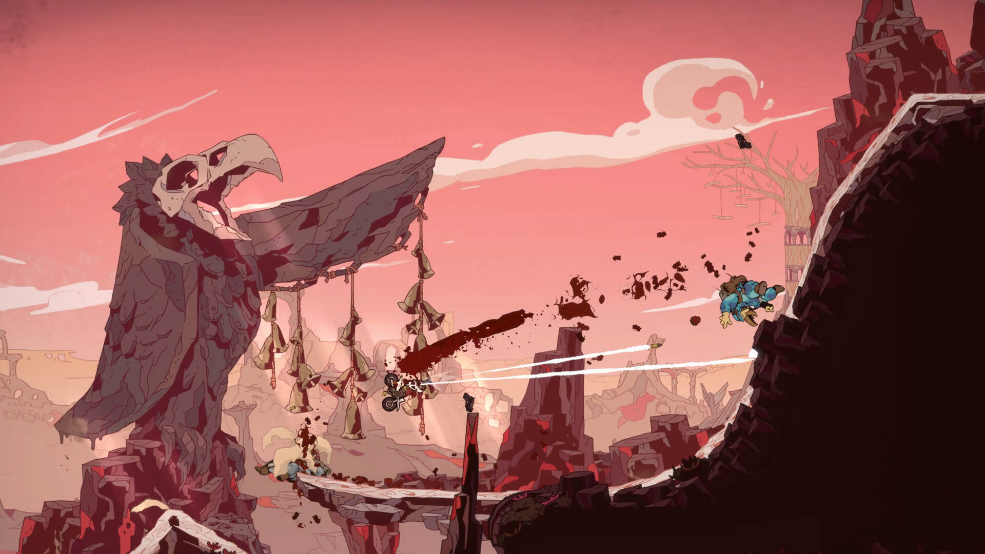 Laika rides and fires across a painted desert battlefield.