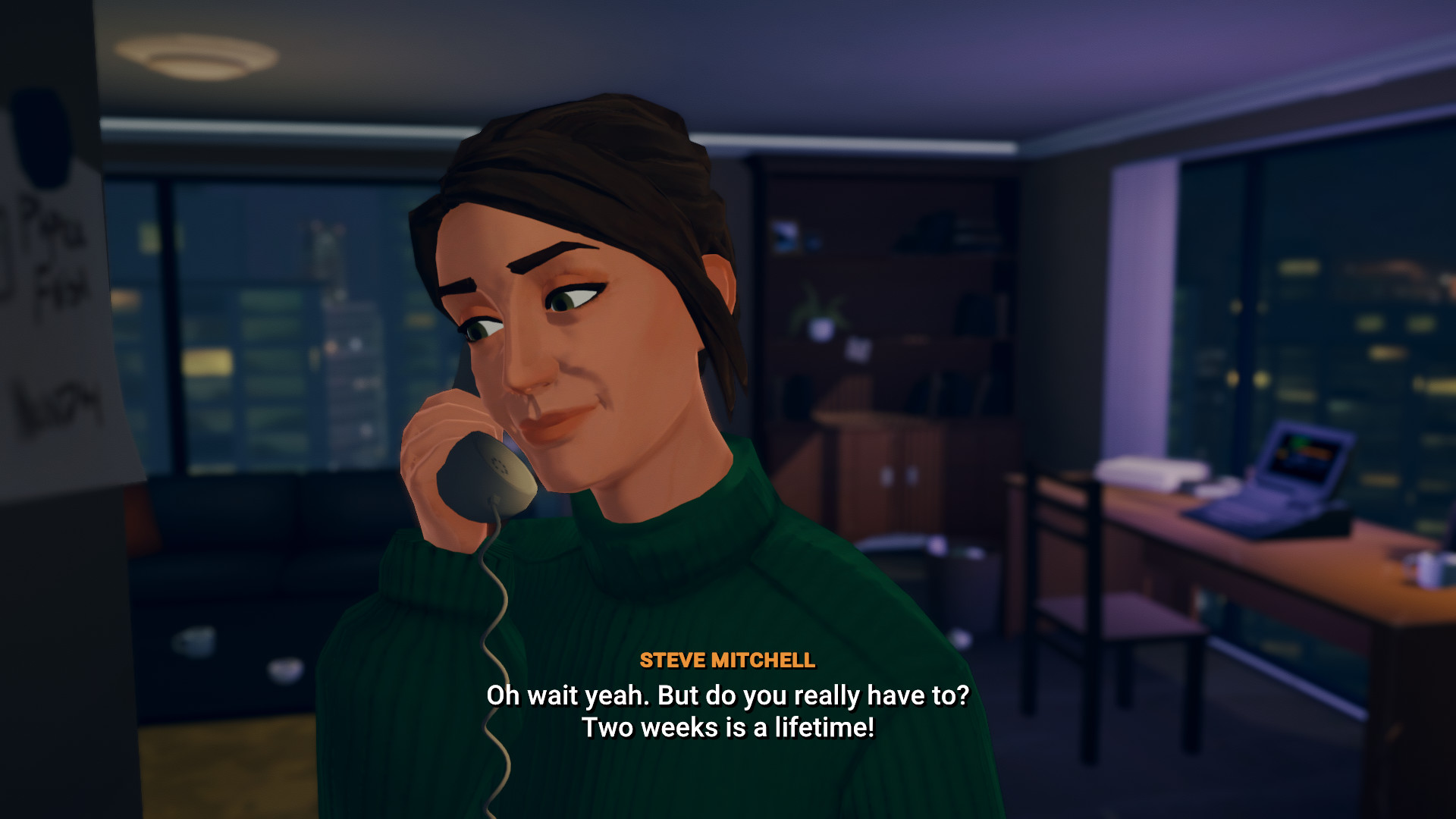 Meredith speaks on the telephone in a city apartment.