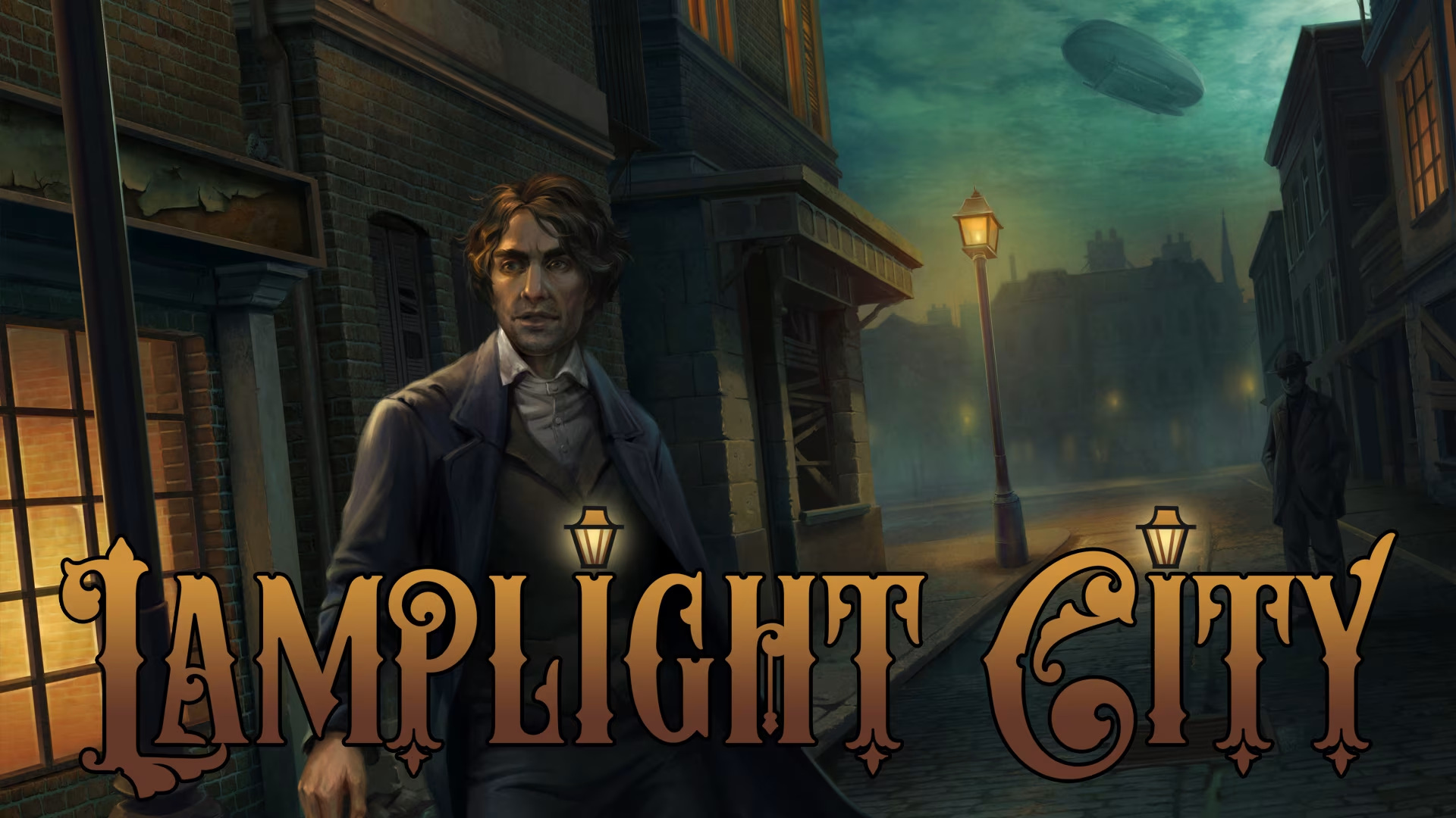 Miles stands against a dark Victorian city street above the Lamplight City title.