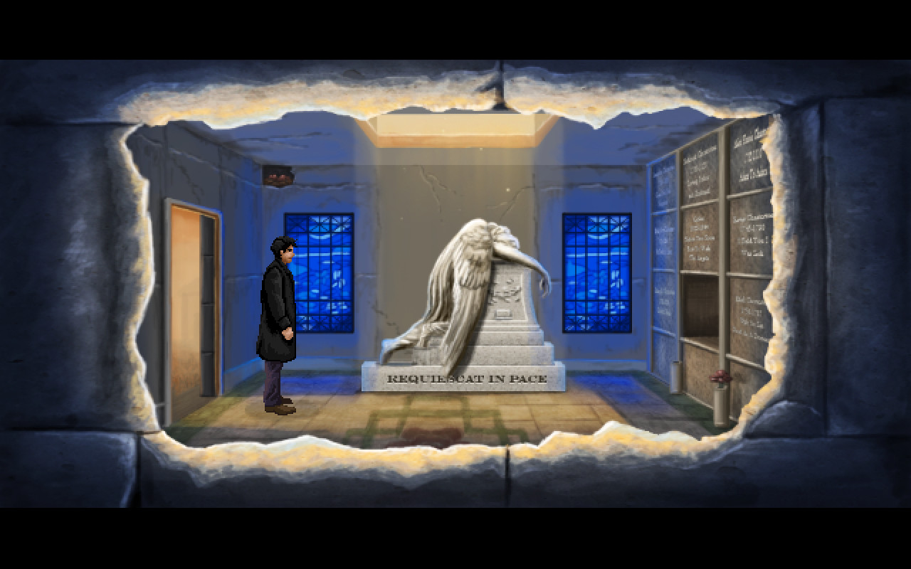 Miles examines a statue in a blue-lit room.