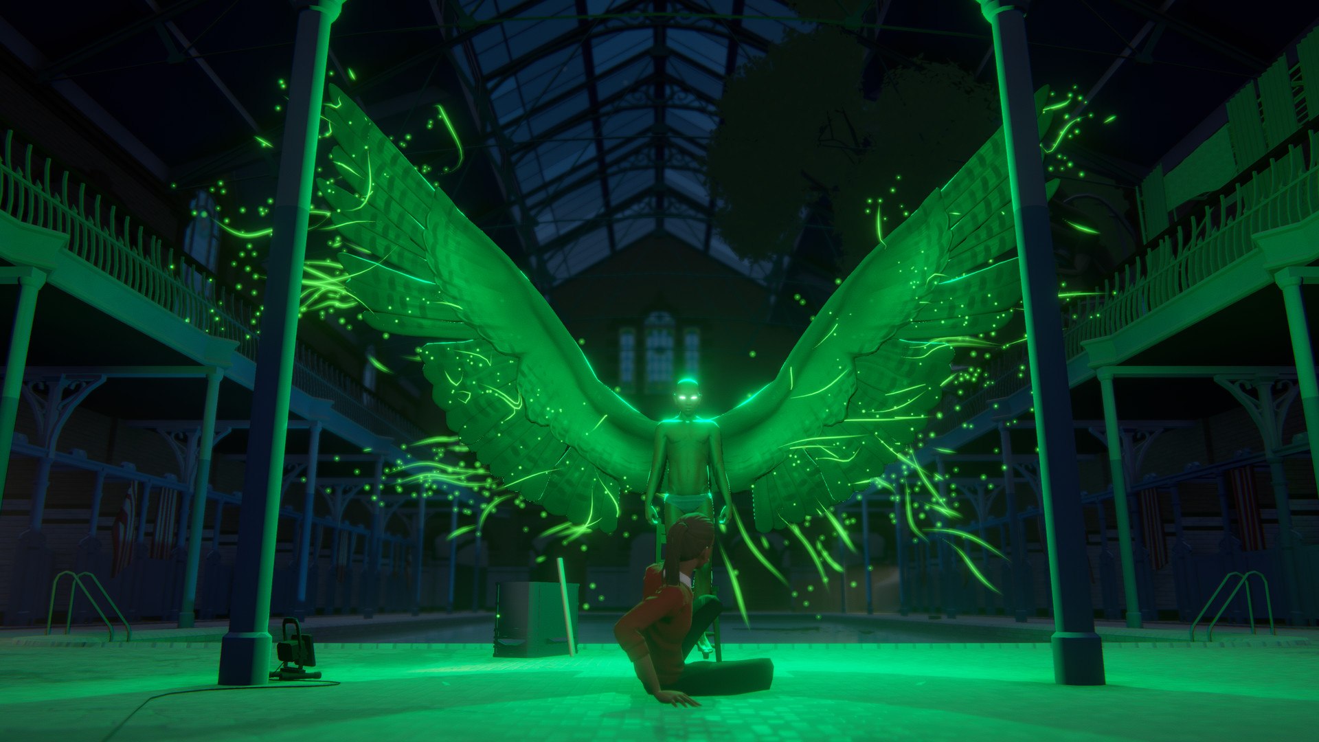 A green luminous figure spreads wing-like light inside a large hall.