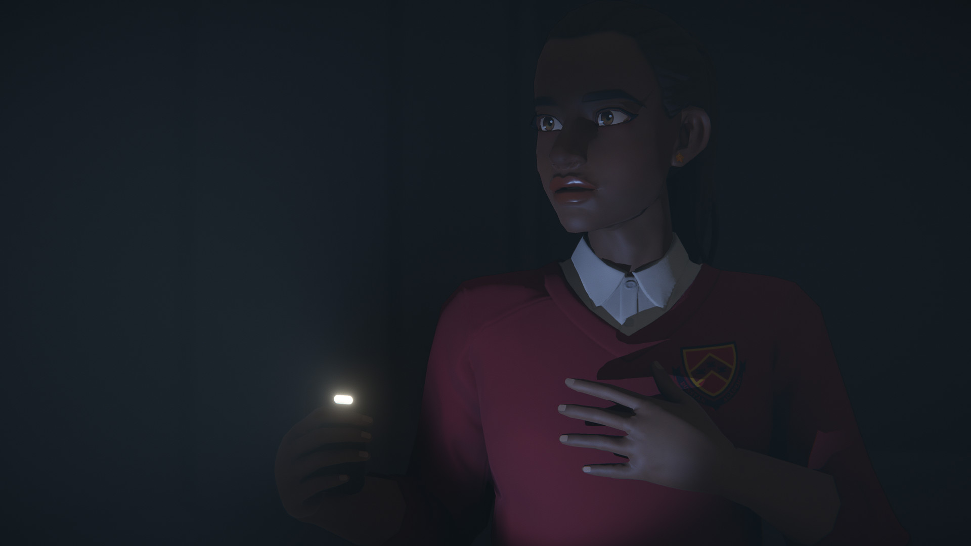 A girl in a red school uniform holds a light in a dark scene.