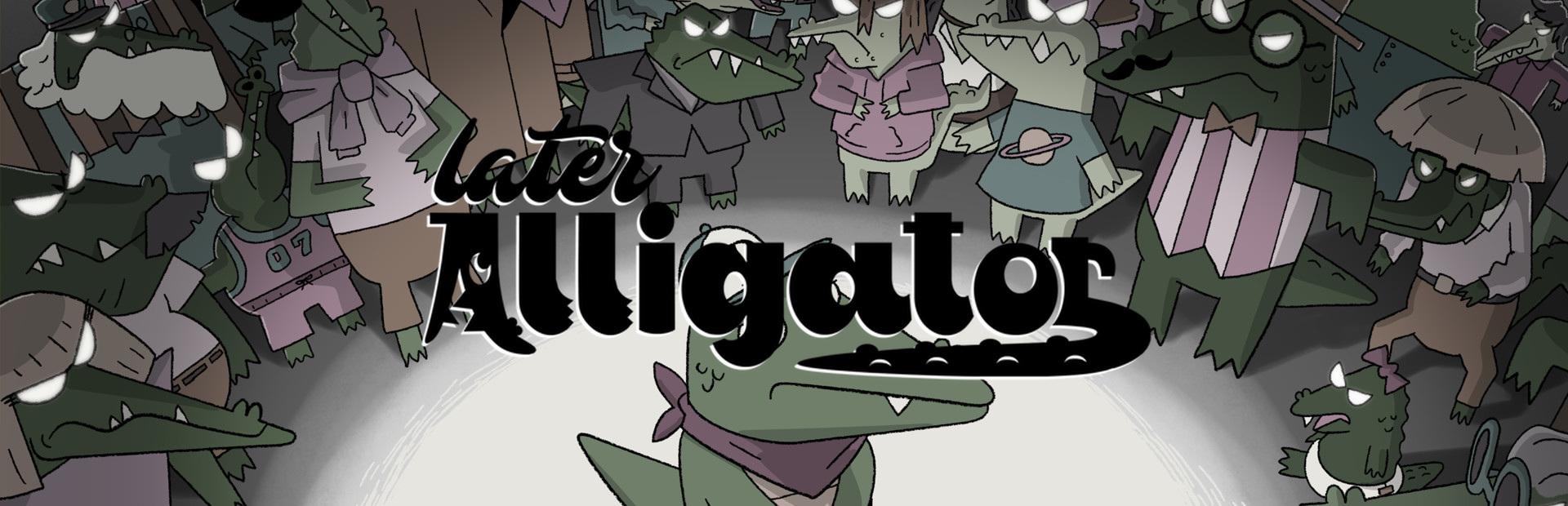 Official Steam library artwork places the Later Alligator title over a crowd of illustrated alligators.