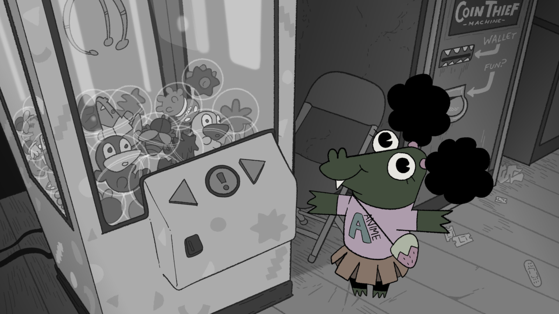 An alligator character stands beside an arcade claw machine.