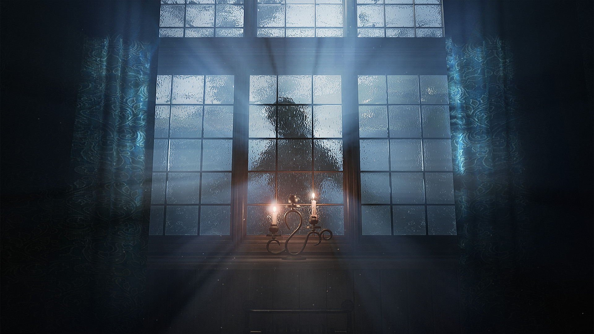 A shadowed figure stands behind a large window.