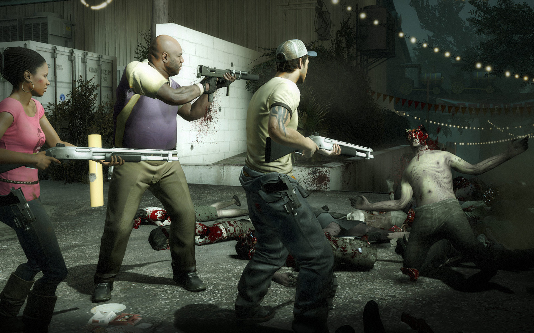 Three survivors fire at infected inside a damaged building.