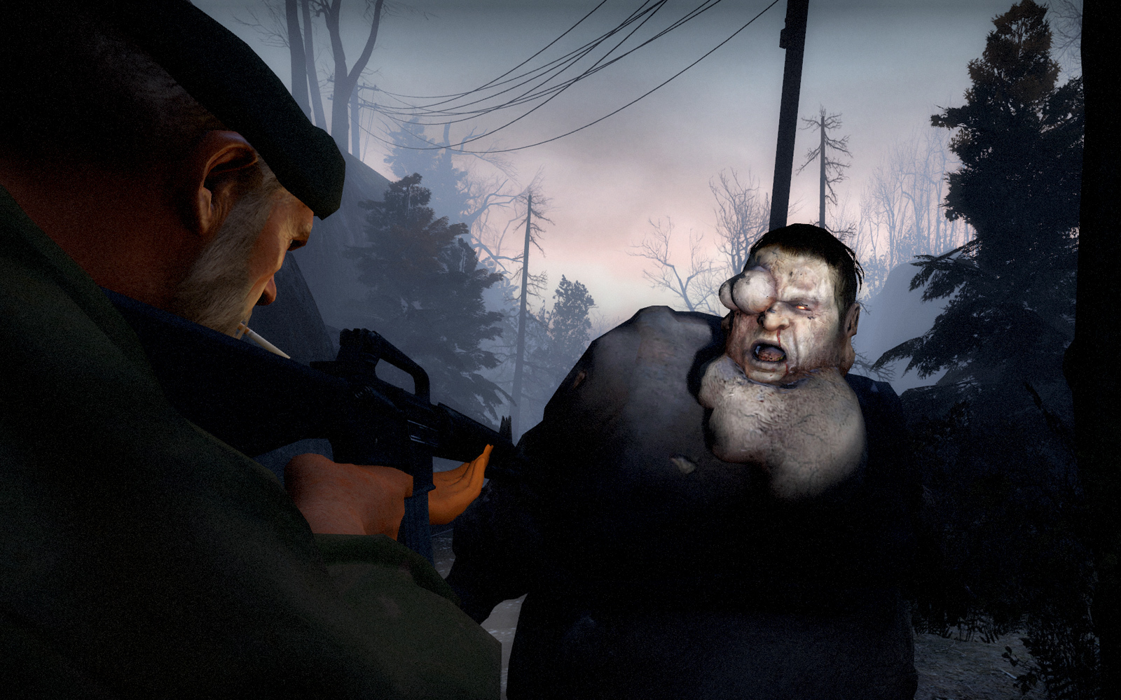 A Survivor aims at a large infected creature in a dark field.