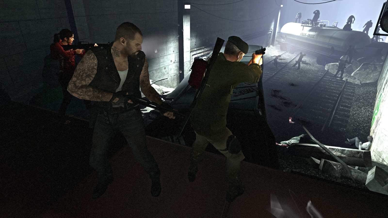 The Survivors fight through a damaged structure toward daylight.