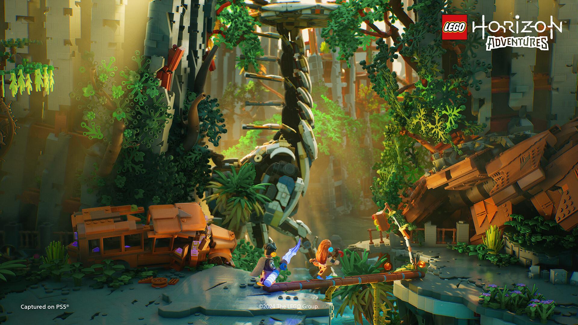 Aloy and a companion explore a lush LEGO-built ruin.