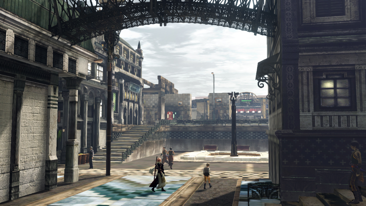 A character walks along a city street beneath an iron bridge.