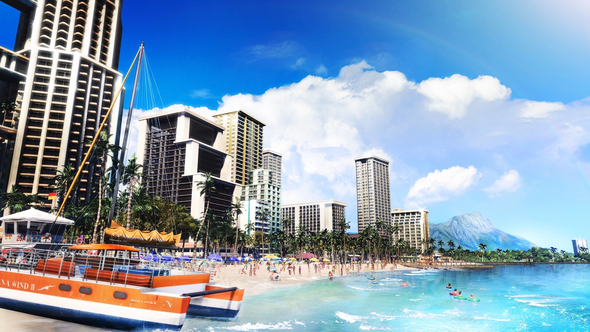 A beach and high-rise buildings frame a city waterfront.