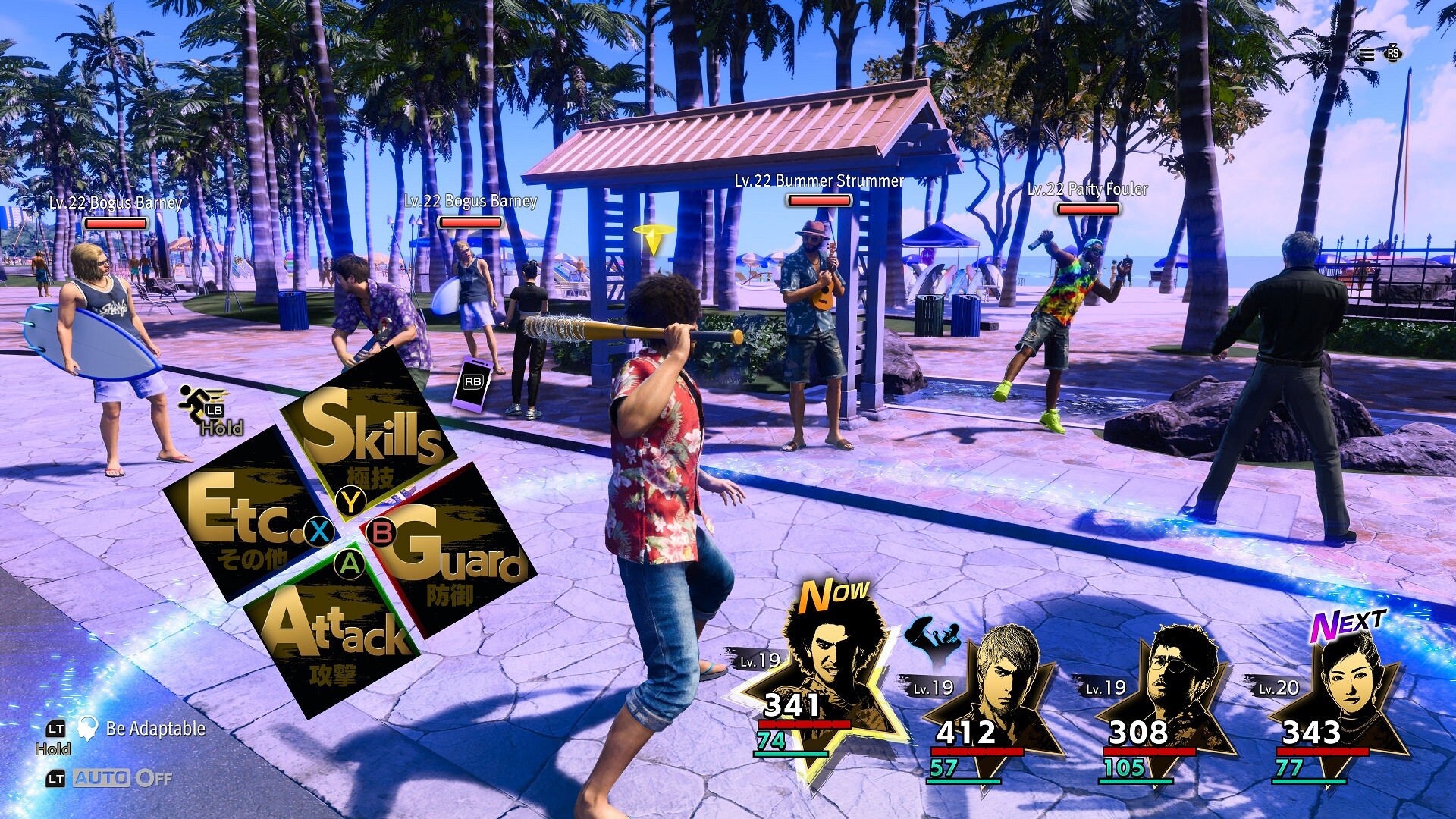 A turn-based party fights beside a beachside street.