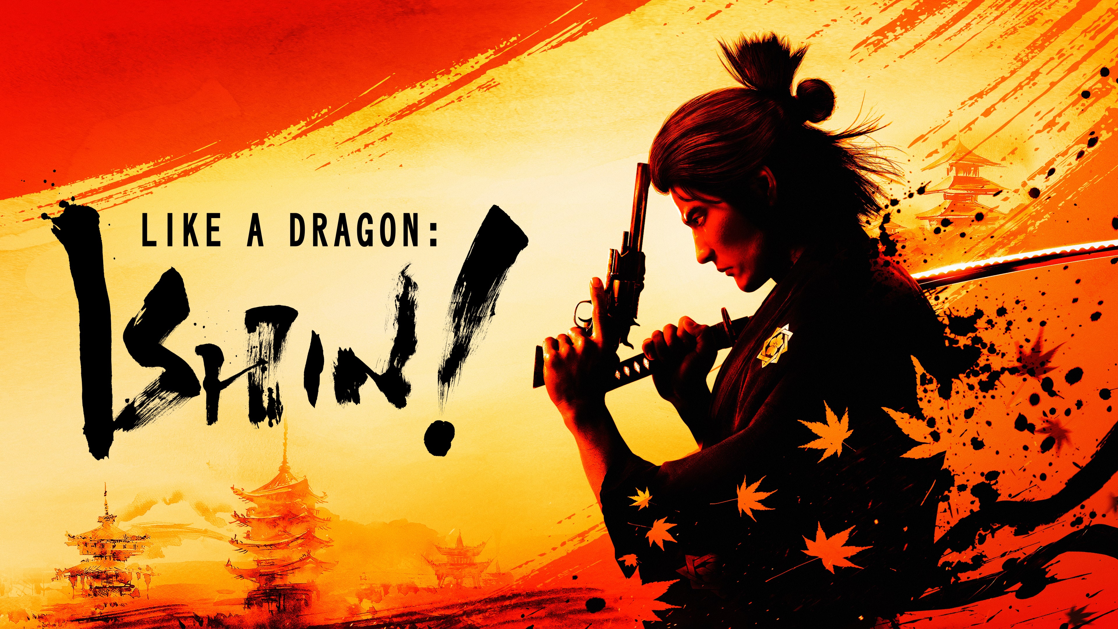 Sakamoto Ryoma stands against a warm orange painted backdrop beside the Like a Dragon: Ishin! title.