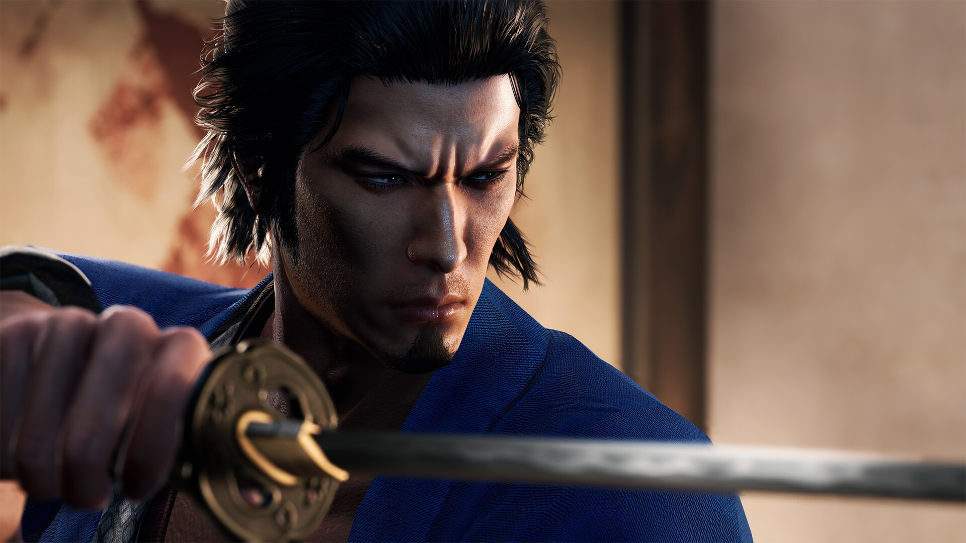 A swordsman draws his katana in a close-up scene.