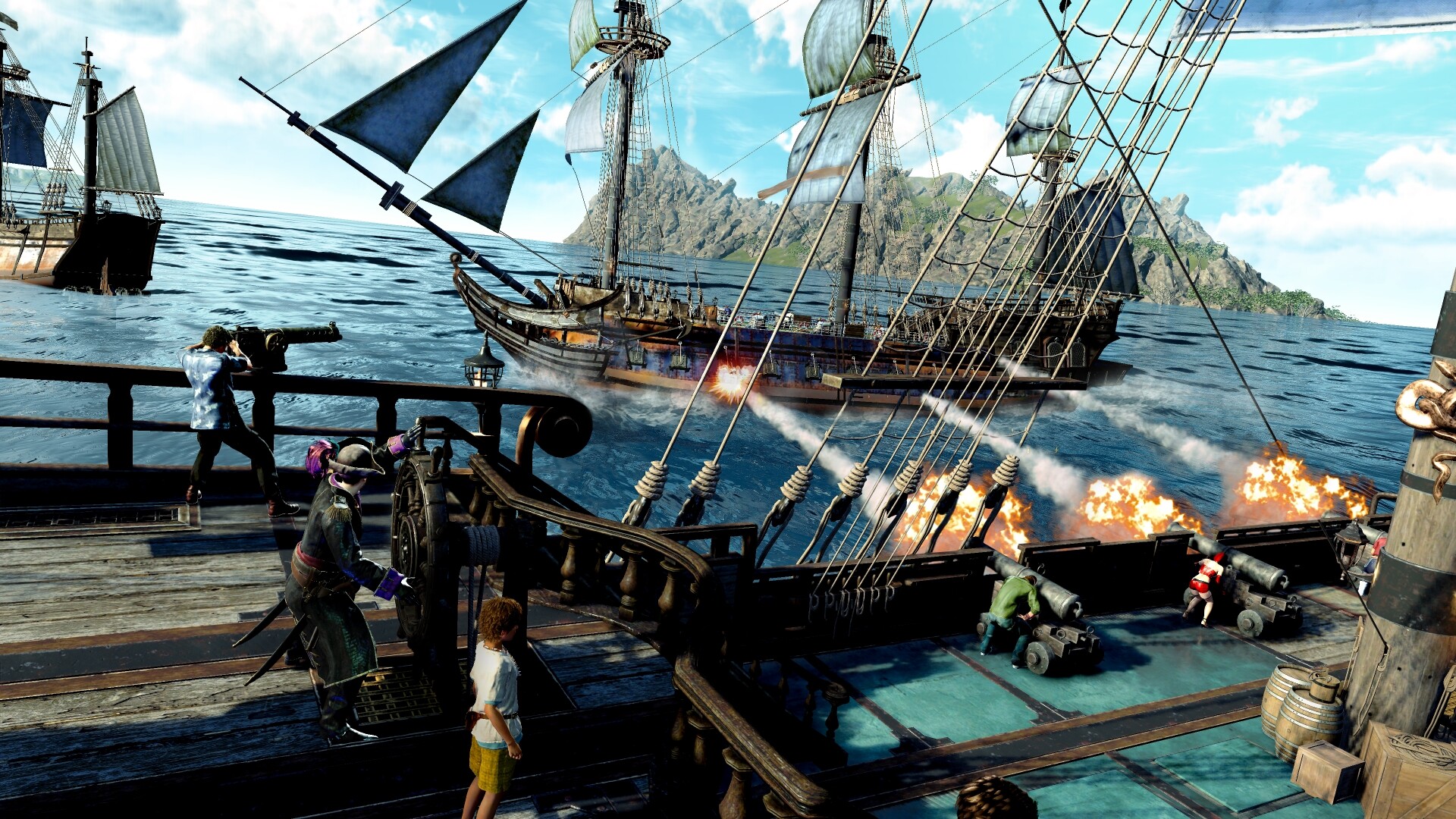 Crew members fire cannons from a ship during a sea battle.