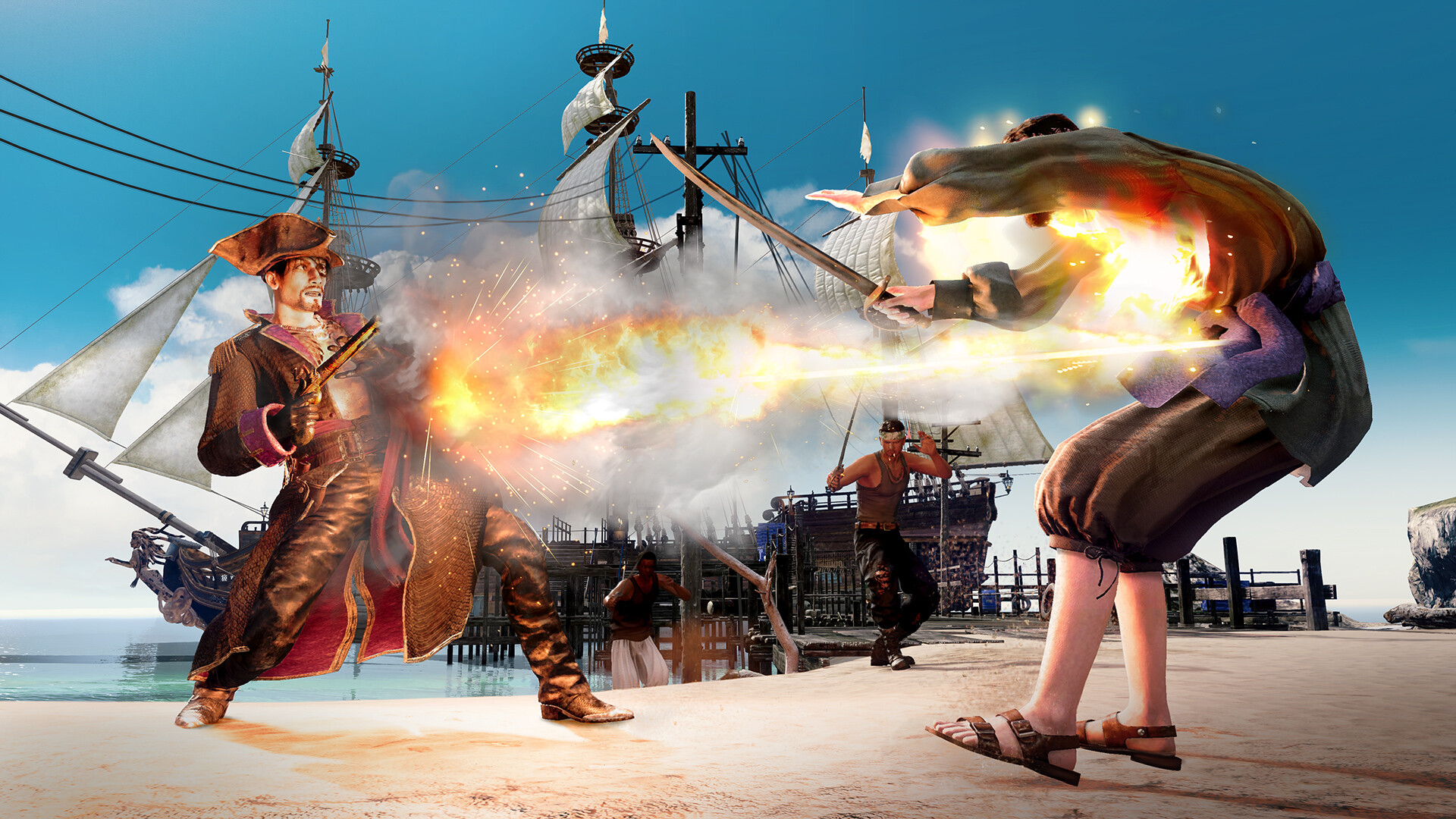 Majima clashes with an armed opponent on a sunlit dock.