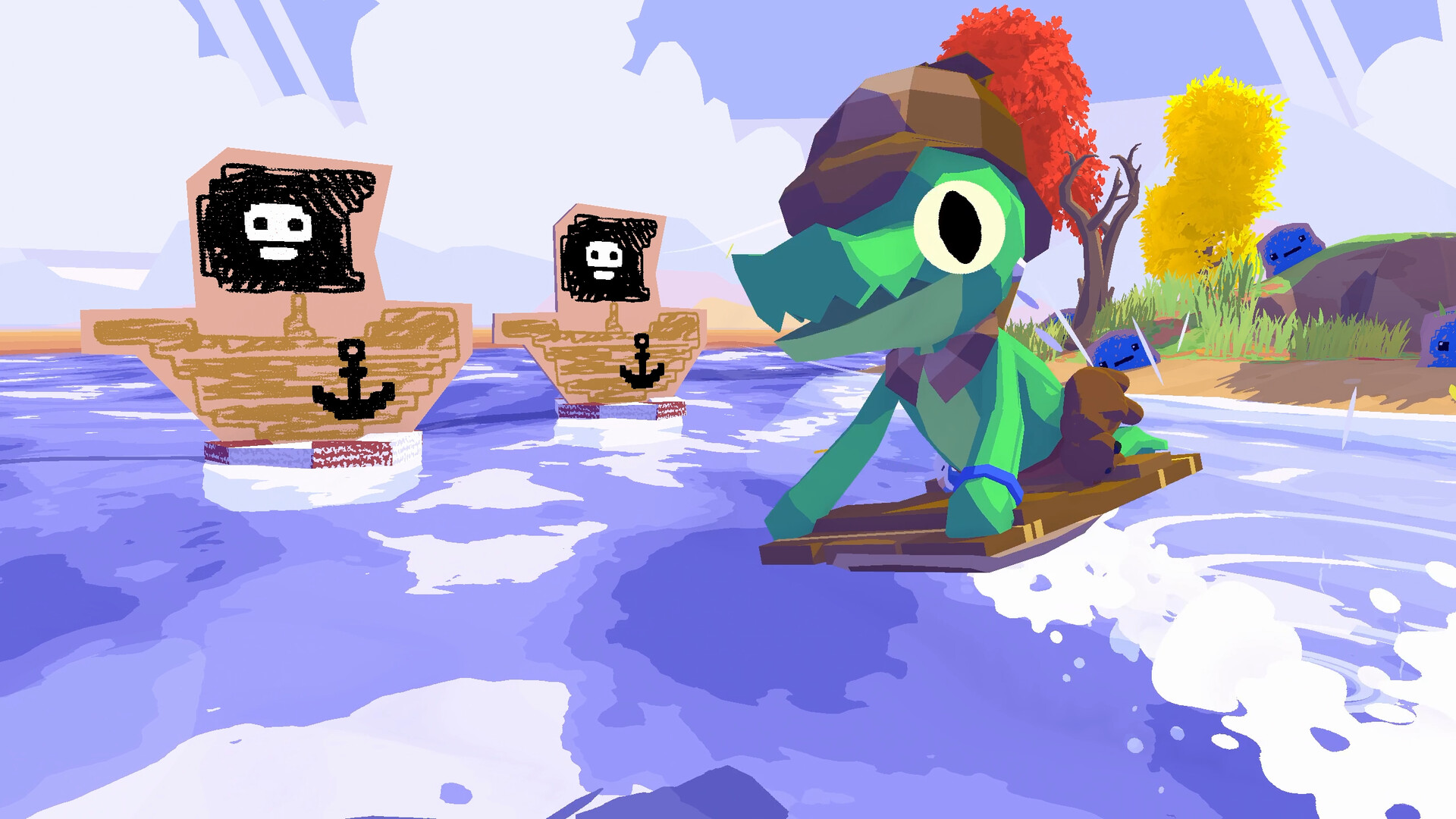 Lil Gator crosses water on a small raft near cardboard targets.
