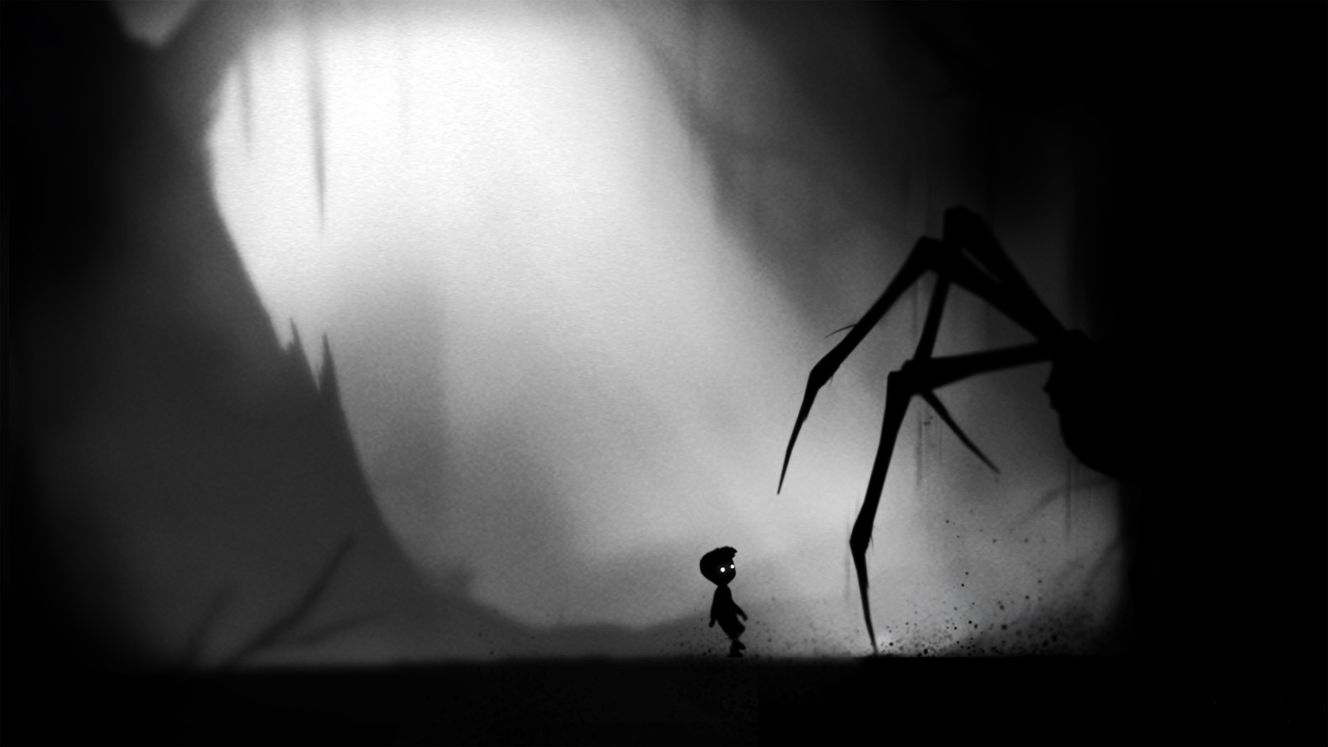 The boy faces a giant spider in a misty forest.