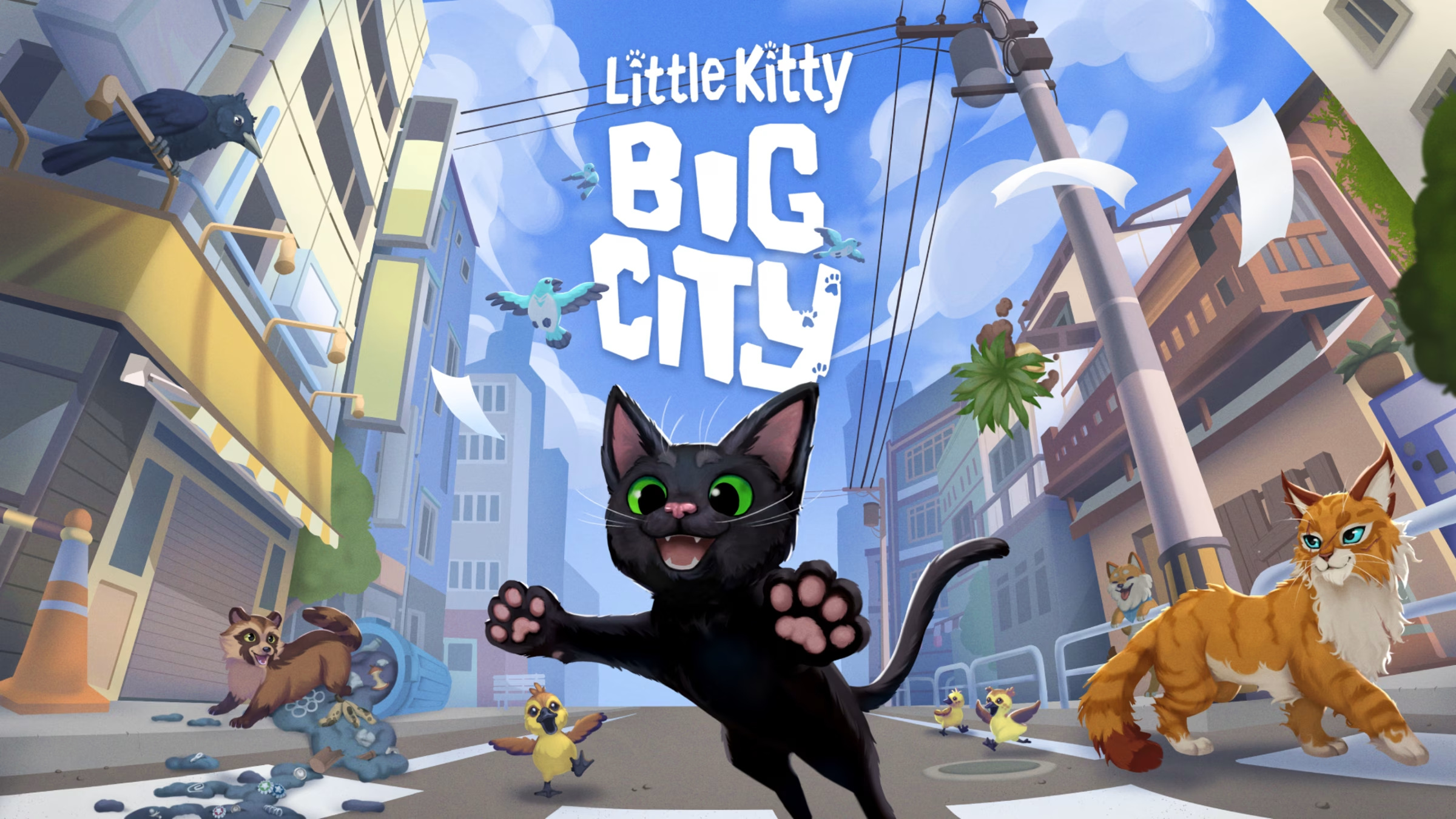 A black kitten runs through a city street beneath the Little Kitty, Big City logo.