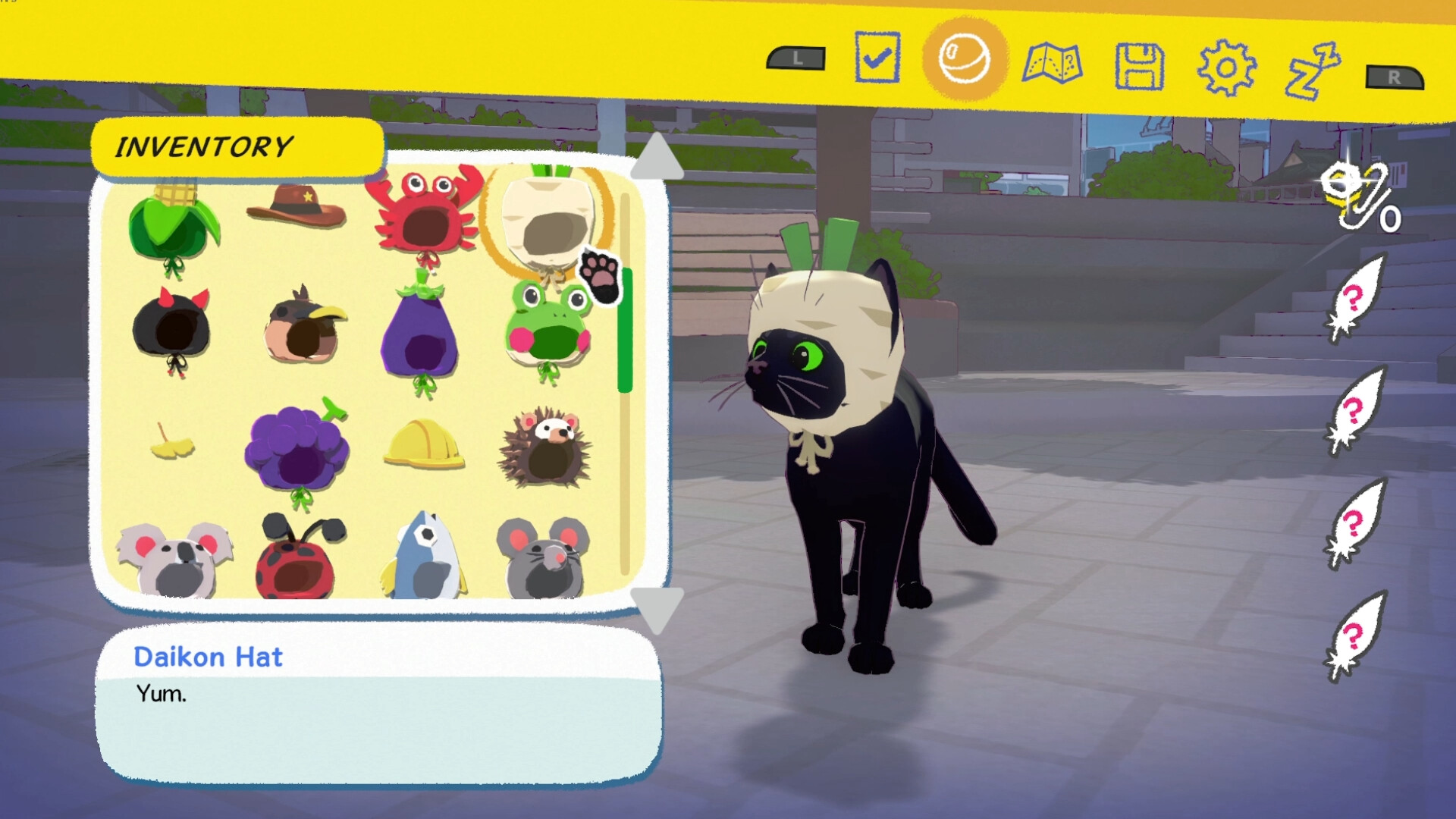 Kitty examines a daikon hat in the inventory.