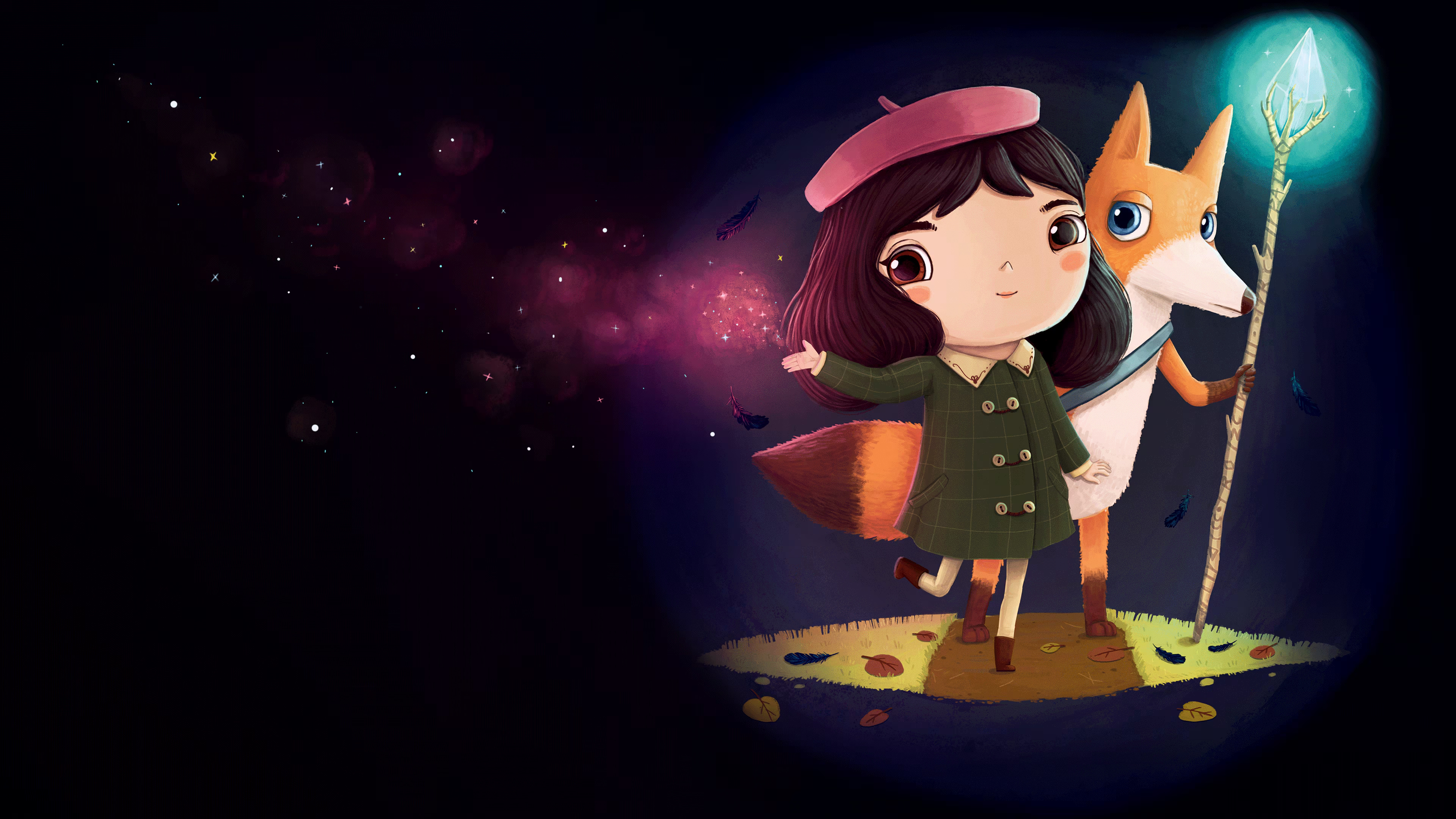 Official PlayStation artwork shows Misfortune standing with a fox against a starry purple background.