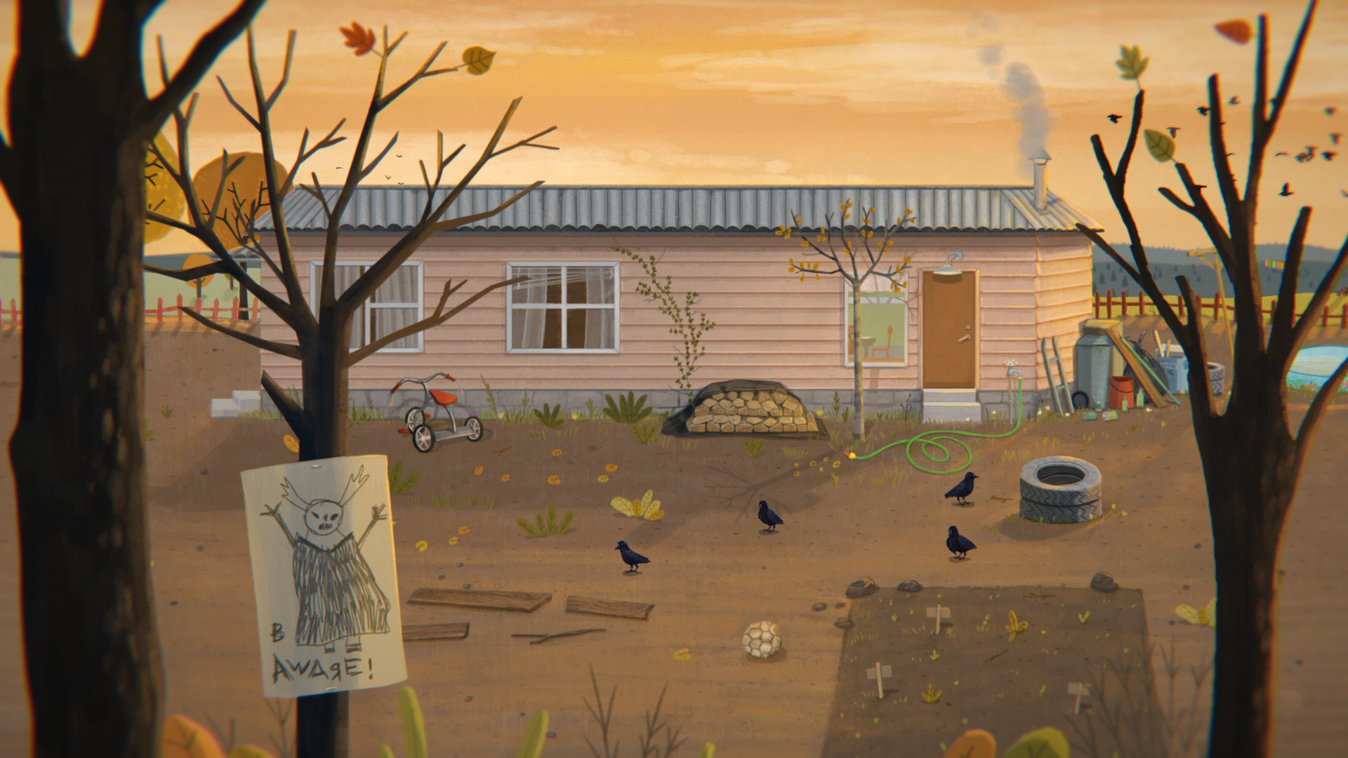 Misfortune’s family house stands beyond a bare garden and a child’s drawing.