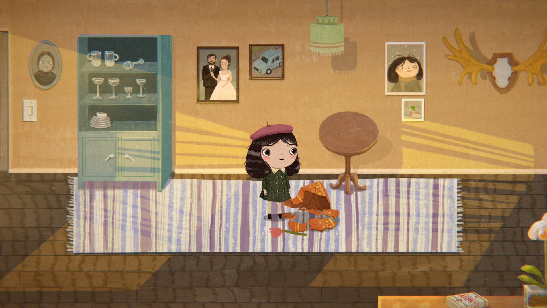 Misfortune stands inside her home near a rug and cabinet.