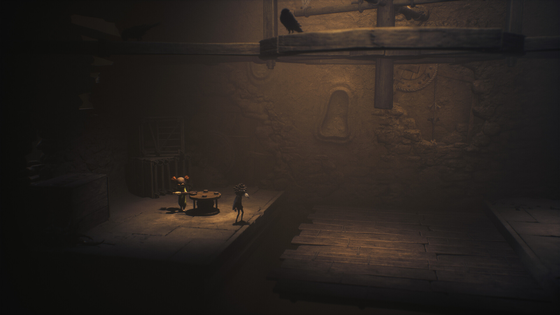 The children cross a wide room filled with oversized objects.