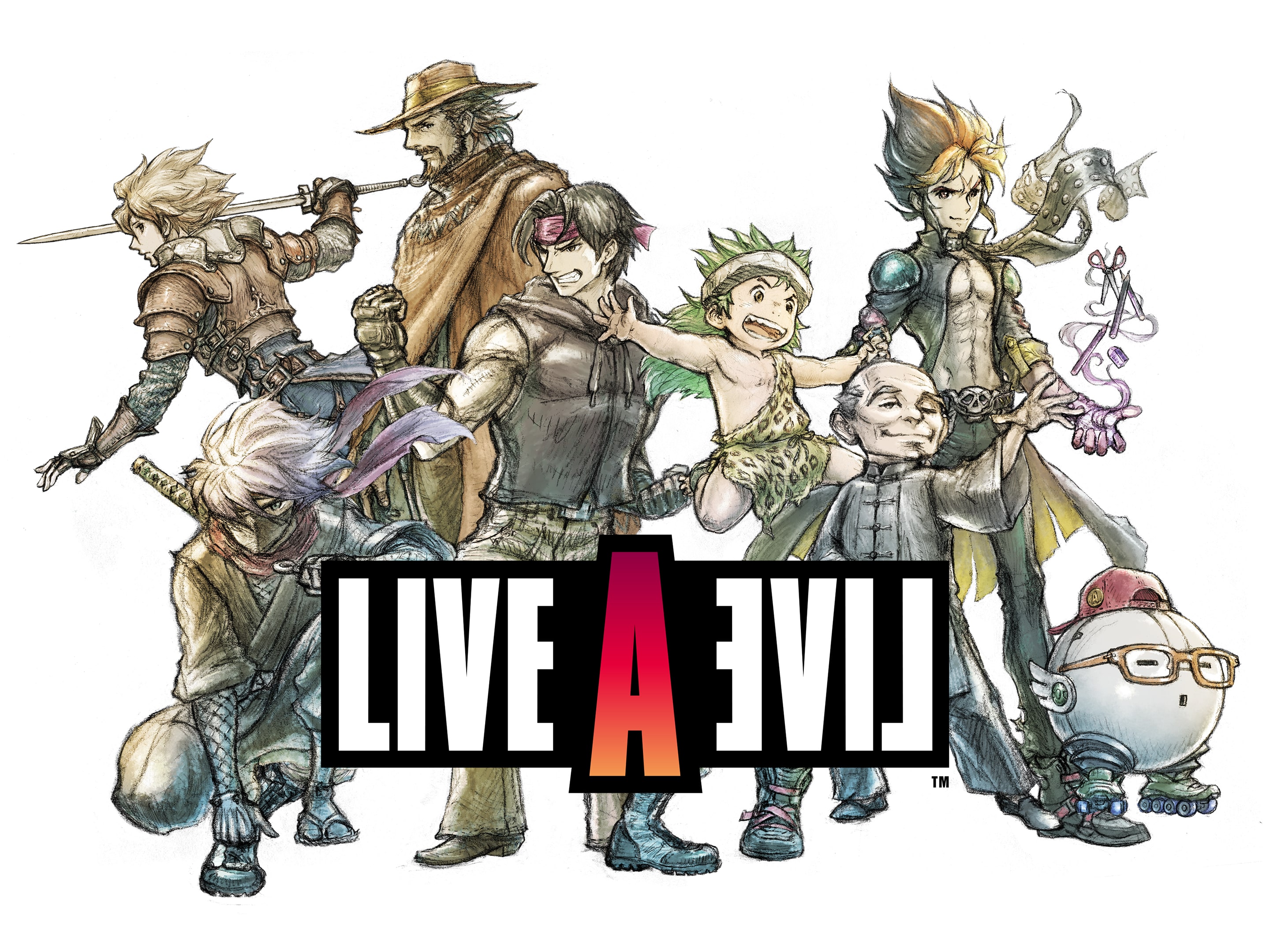 Characters from multiple eras gathered beneath the LIVE A LIVE title.